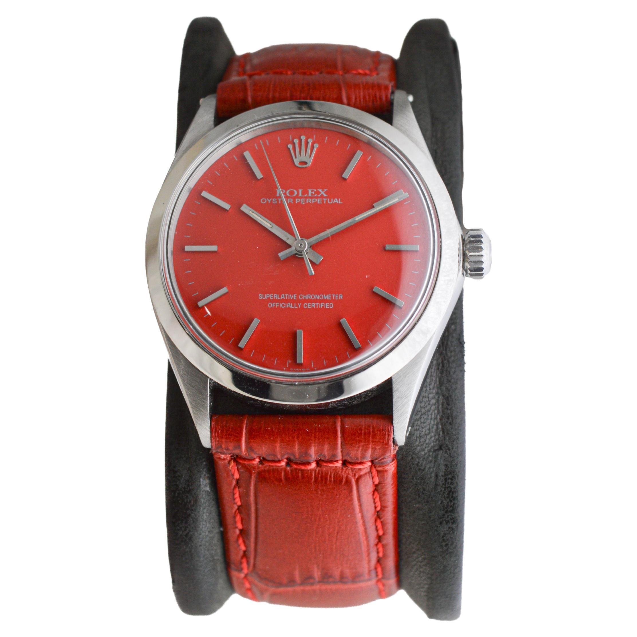 Rolex Stainless Steel Oyster Perpetual with Custom Red Dial circa, 1960's In Excellent Condition For Sale In Long Beach, CA