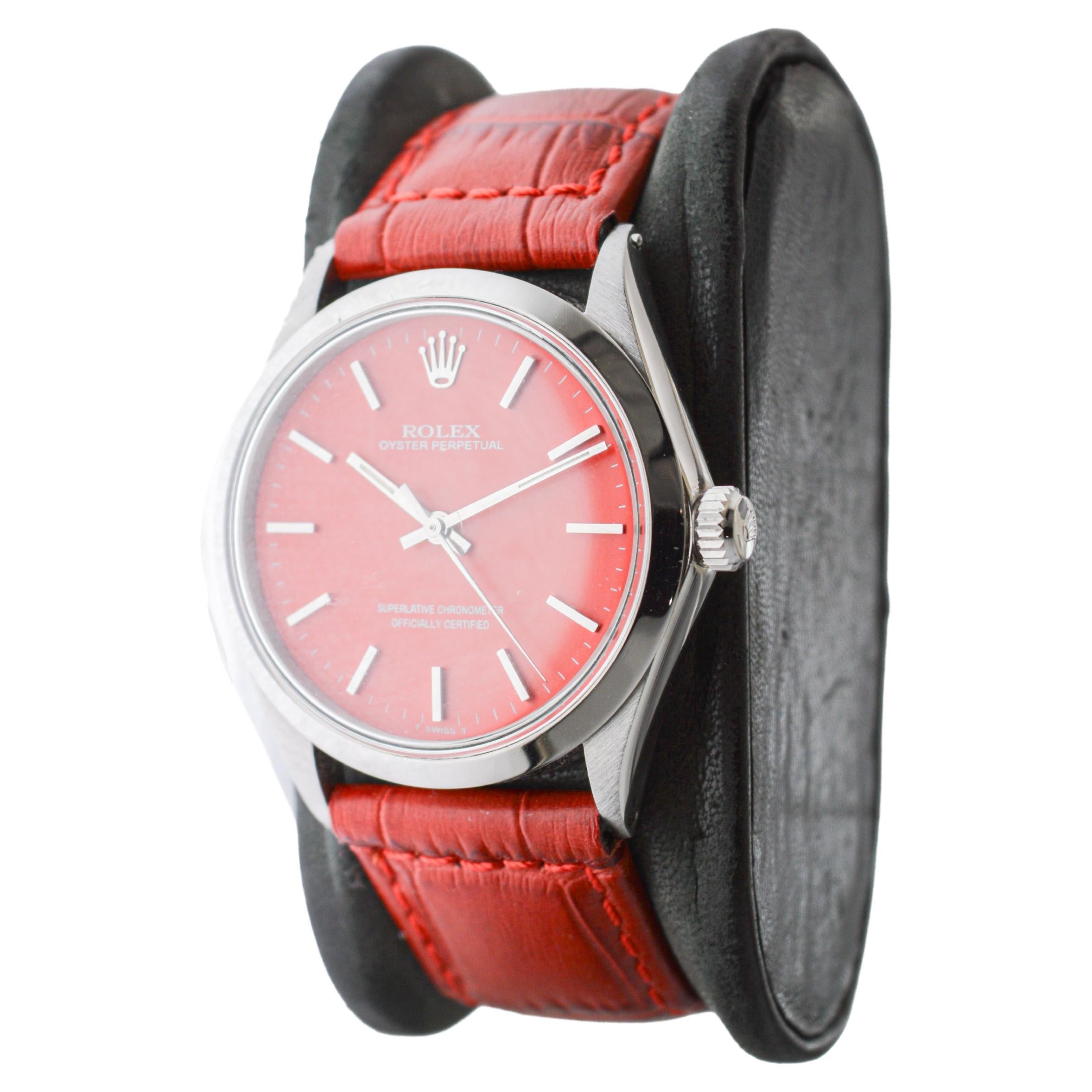 Women's or Men's Rolex Stainless Steel Oyster Perpetual with Custom Red Dial circa, 1960's