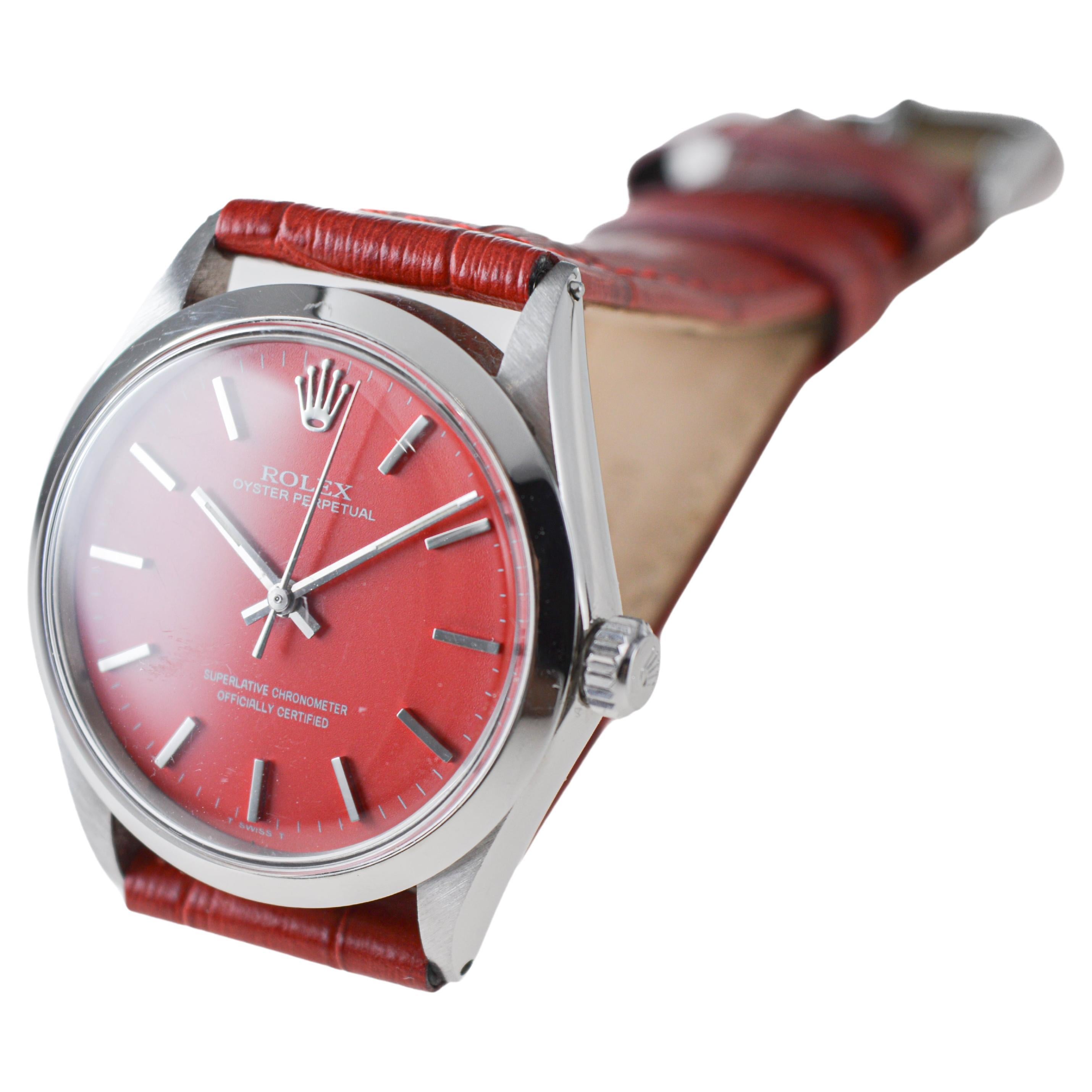 Rolex Stainless Steel Oyster Perpetual with Custom Red Dial circa, 1960's For Sale 4