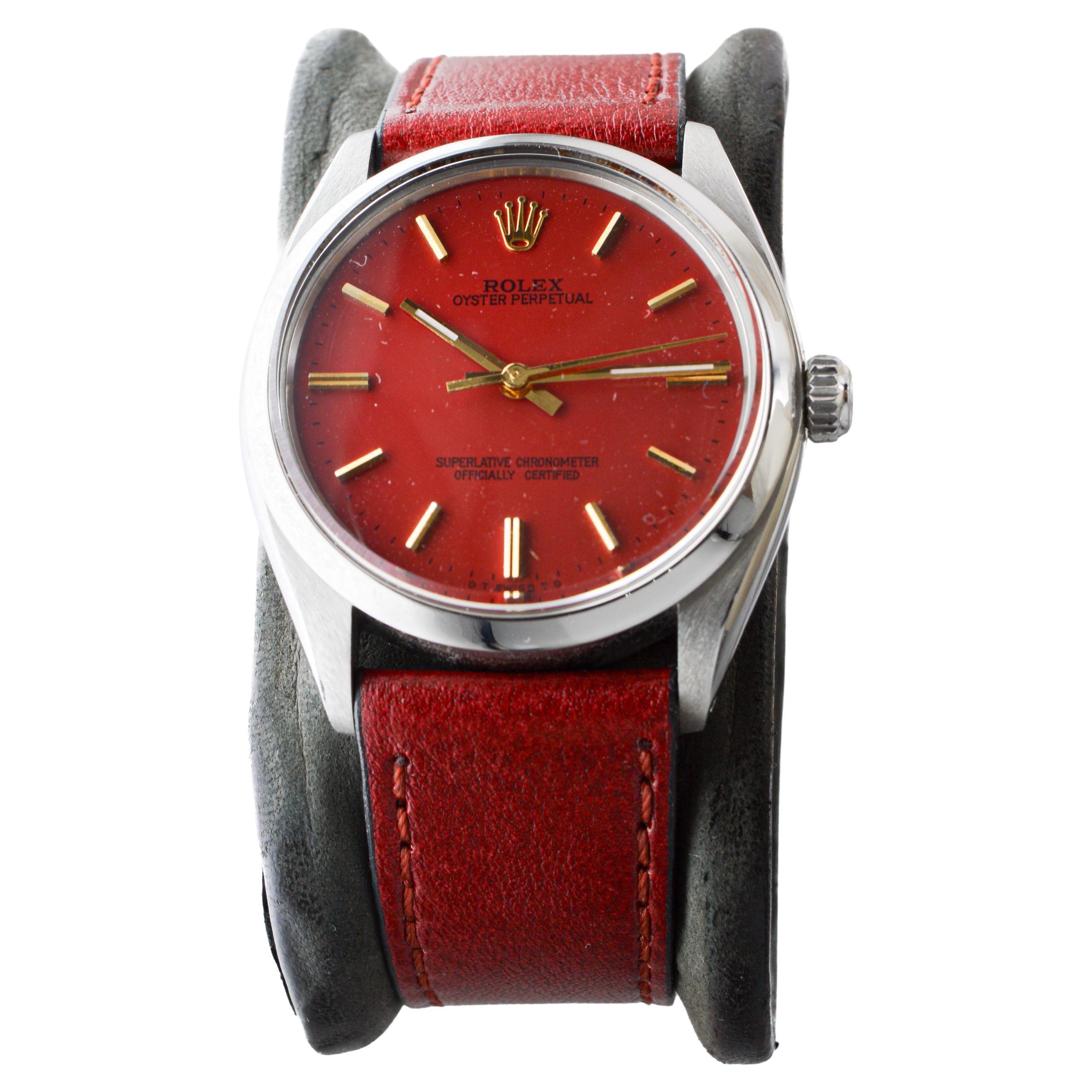 Rolex Edelstahl Oyster Perpetual mit benutzerdefinierten roten Zifferblatt circa 1970's im Angebot 5