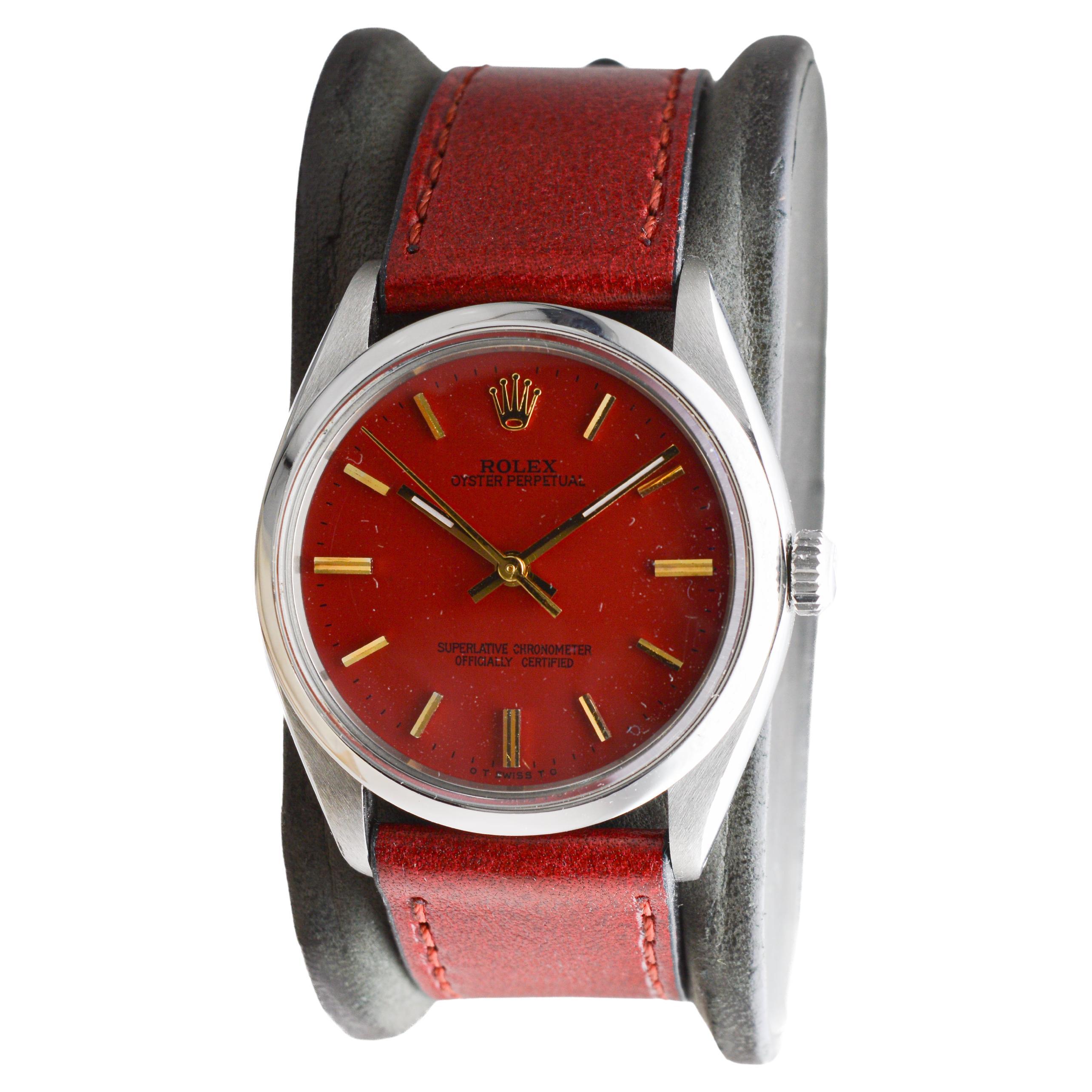 Rolex Edelstahl Oyster Perpetual mit benutzerdefinierten roten Zifferblatt circa 1970's im Angebot 7