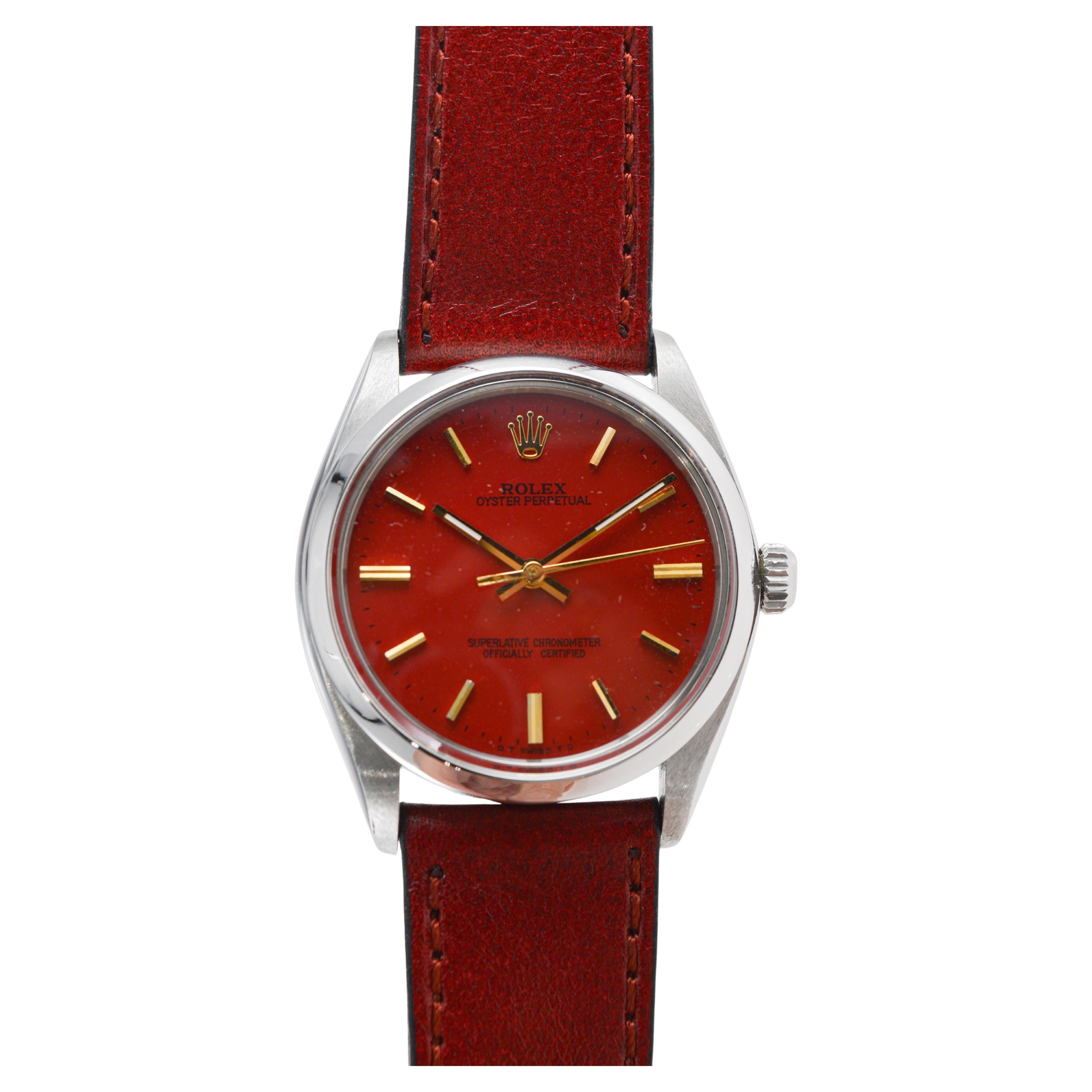 Rolex Edelstahl Oyster Perpetual mit benutzerdefinierten roten Zifferblatt circa 1970's im Angebot 9