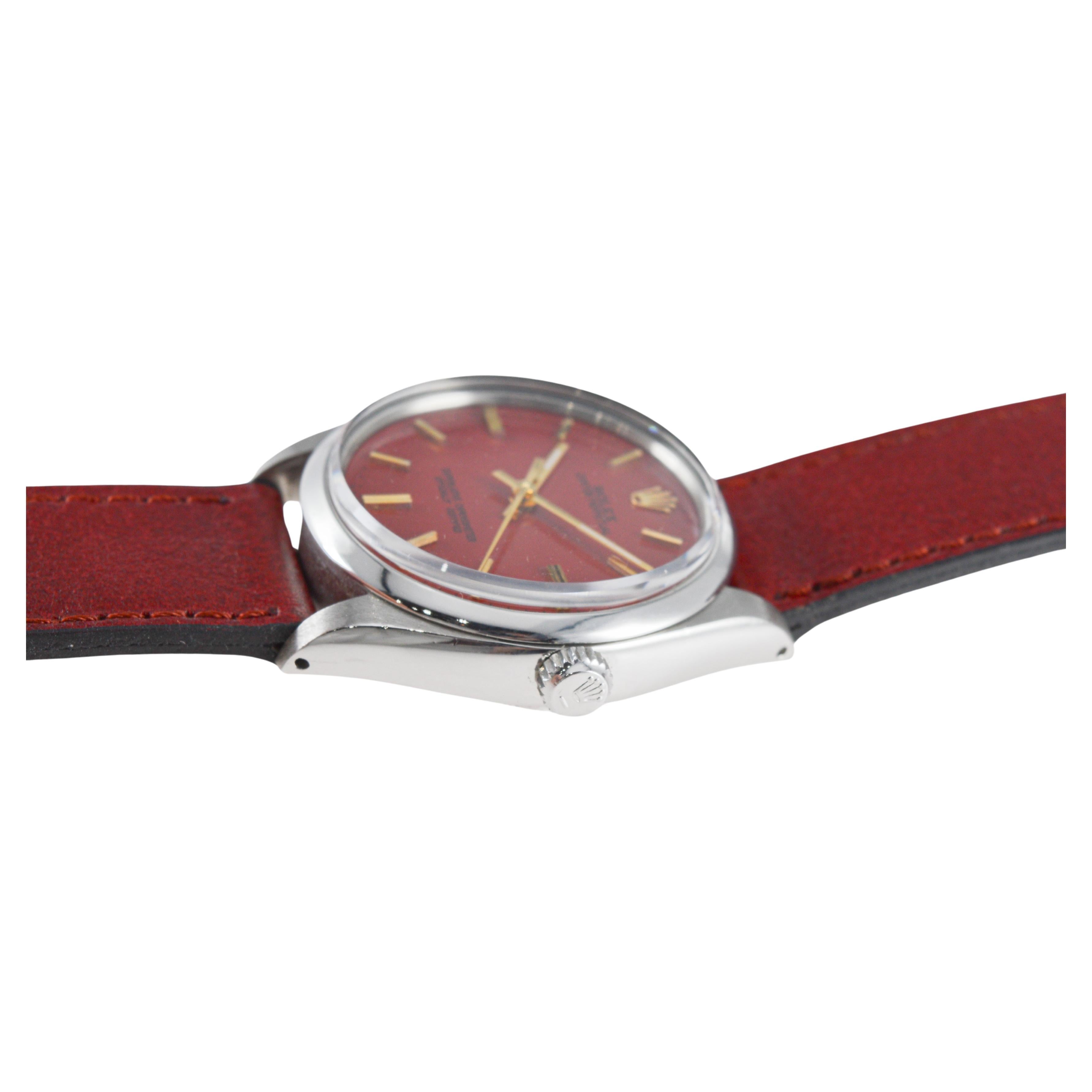 Rolex Edelstahl Oyster Perpetual mit benutzerdefinierten roten Zifferblatt circa 1970's im Angebot 13
