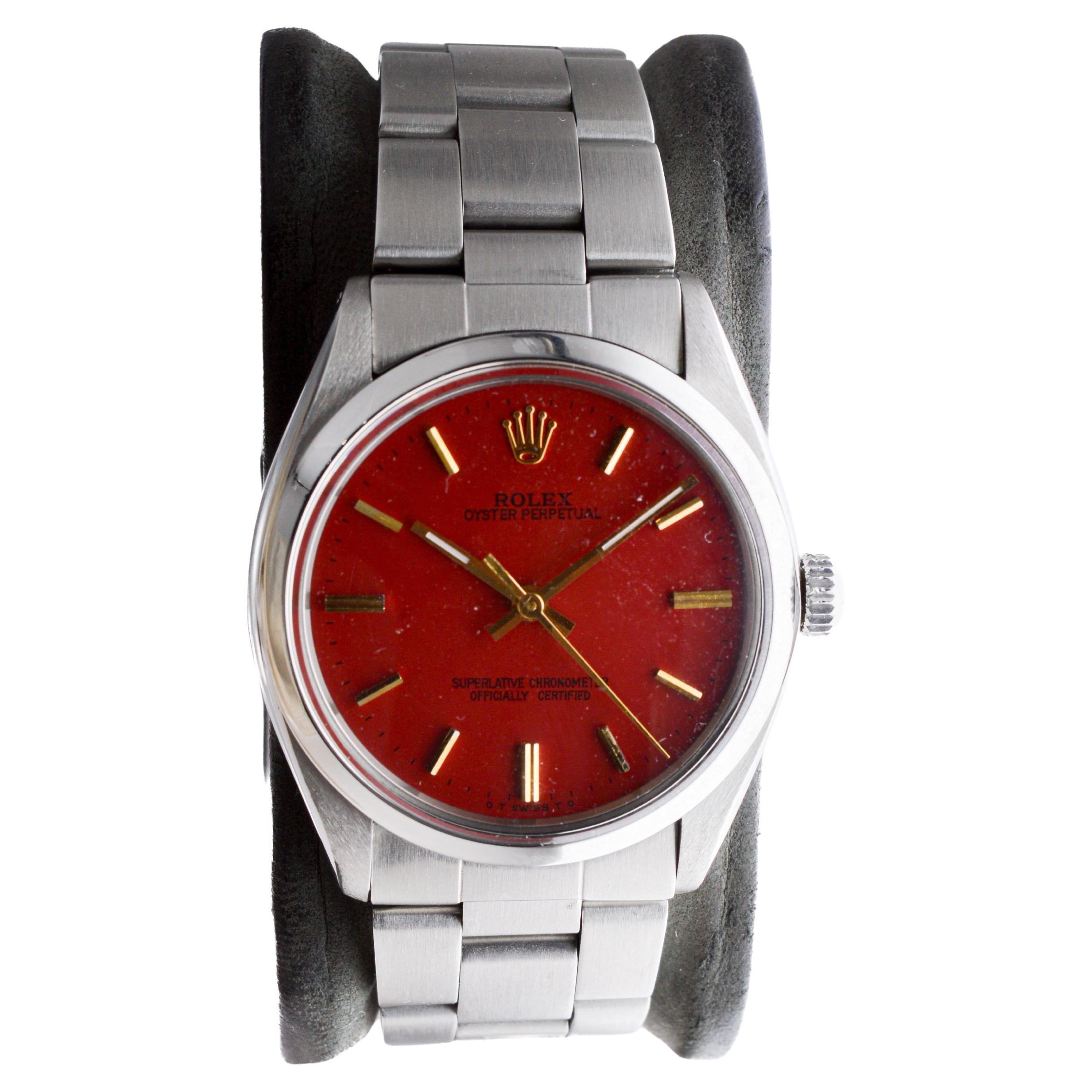 Rolex Edelstahl Oyster Perpetual mit benutzerdefinierten roten Zifferblatt circa 1970's