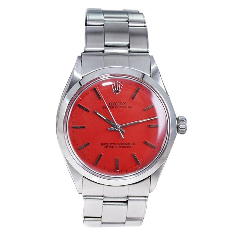 Rolex Stainless Steel Oyster Perpetual with Custom Red Dial circa, 1960's For Sale