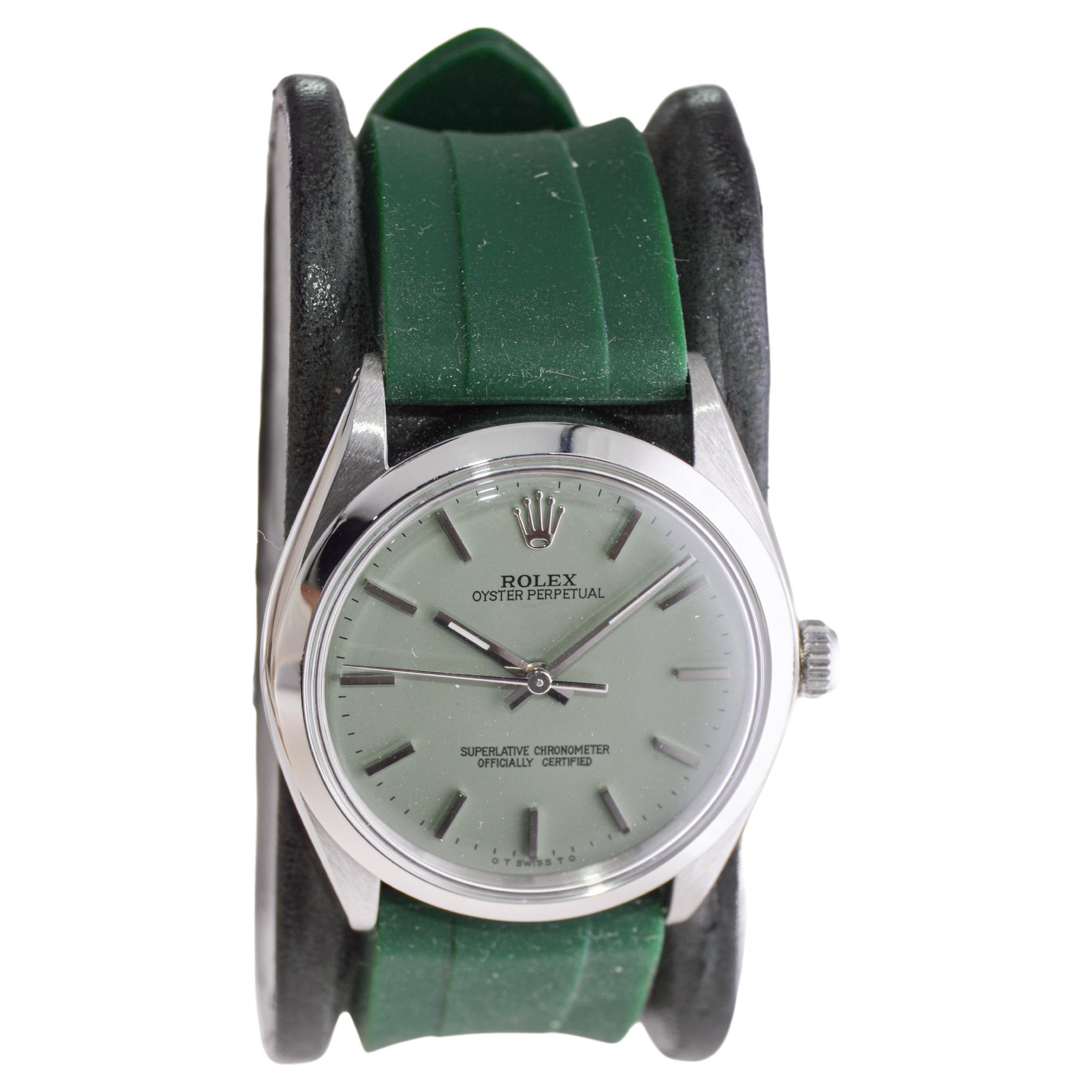 Modern Rolex Stainless Steel Oyster Perpetual With Custom Sage Green Dial circa, 1980's