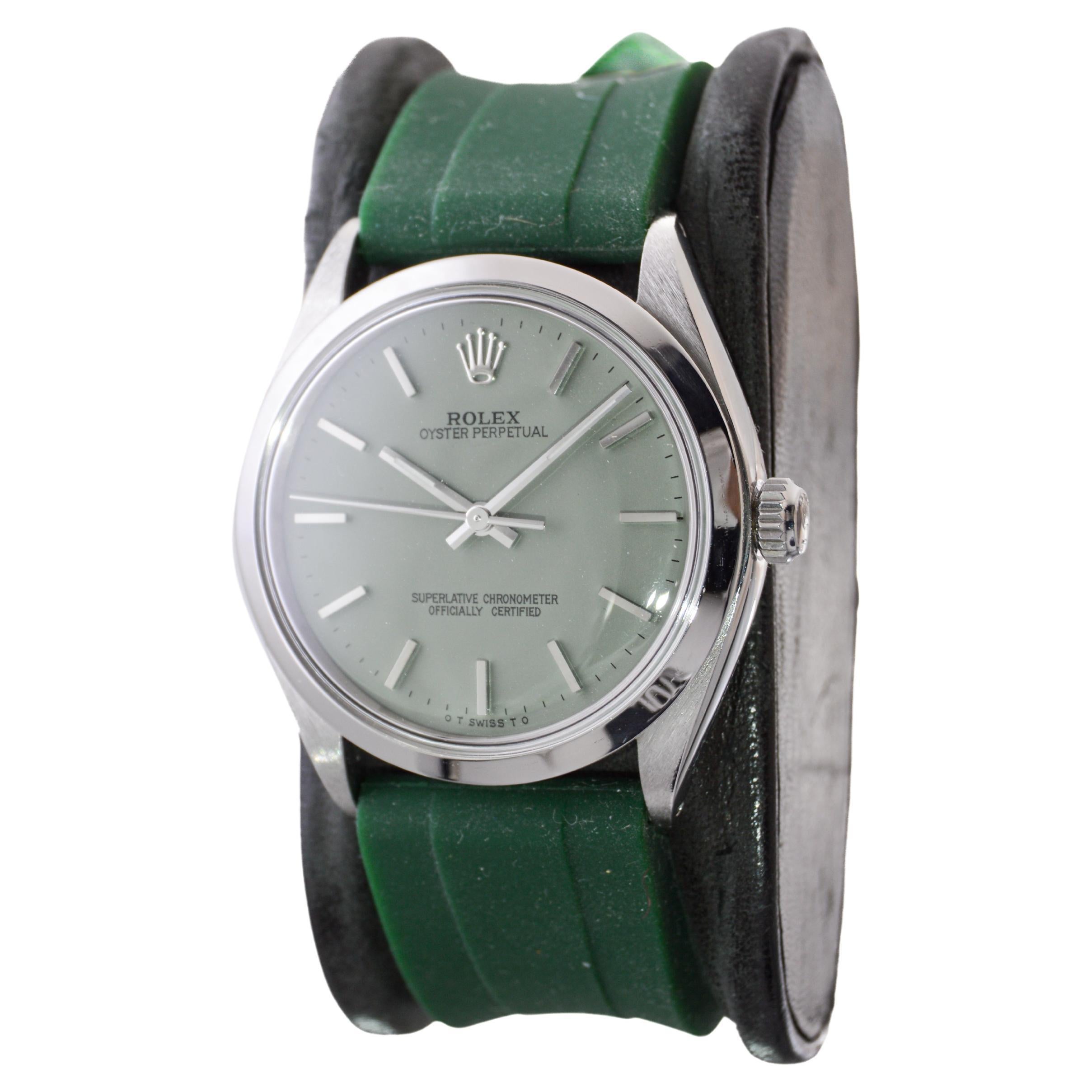 Women's or Men's Rolex Stainless Steel Oyster Perpetual With Custom Sage Green Dial circa, 1980's