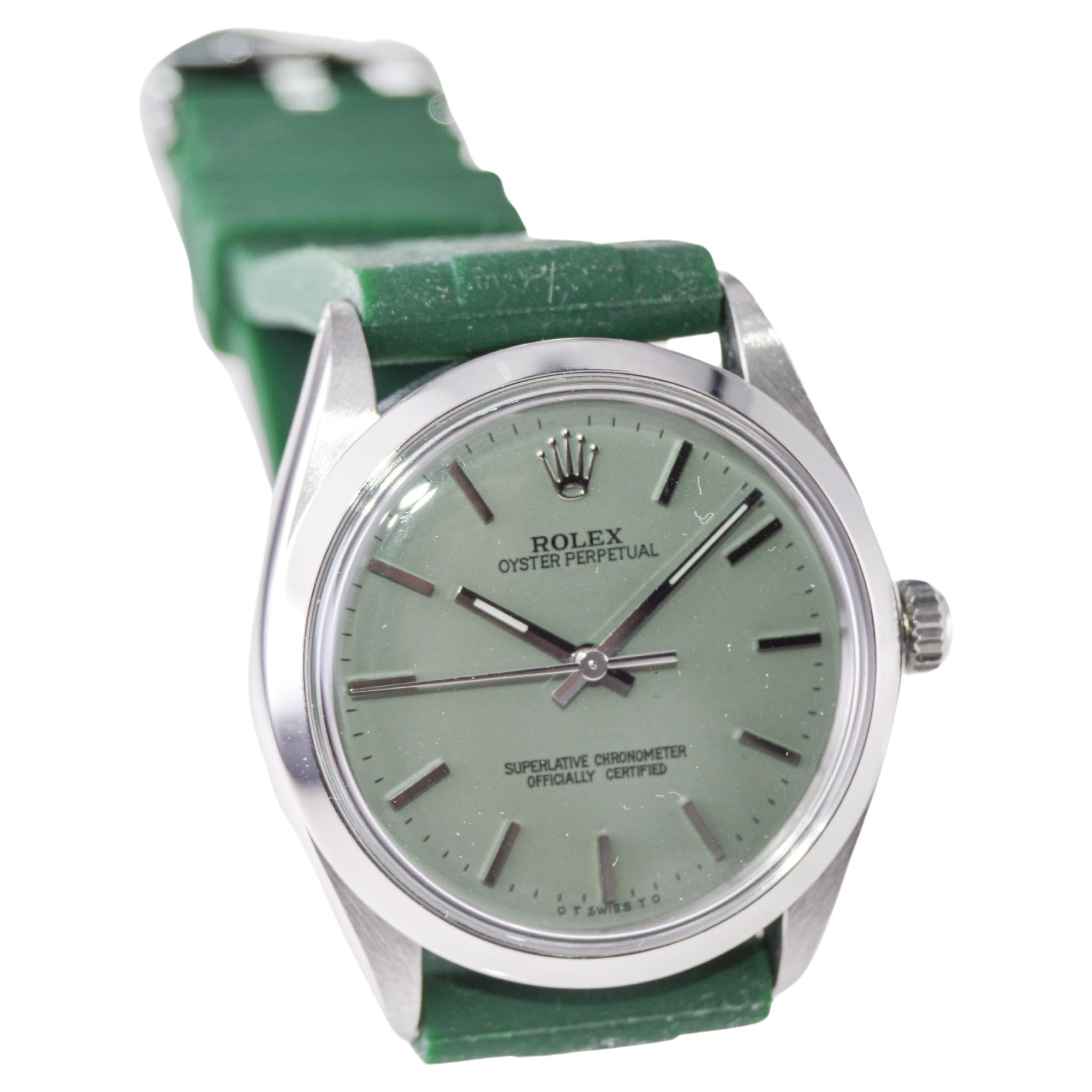 Rolex Stainless Steel Oyster Perpetual With Custom Sage Green Dial circa, 1980's 3