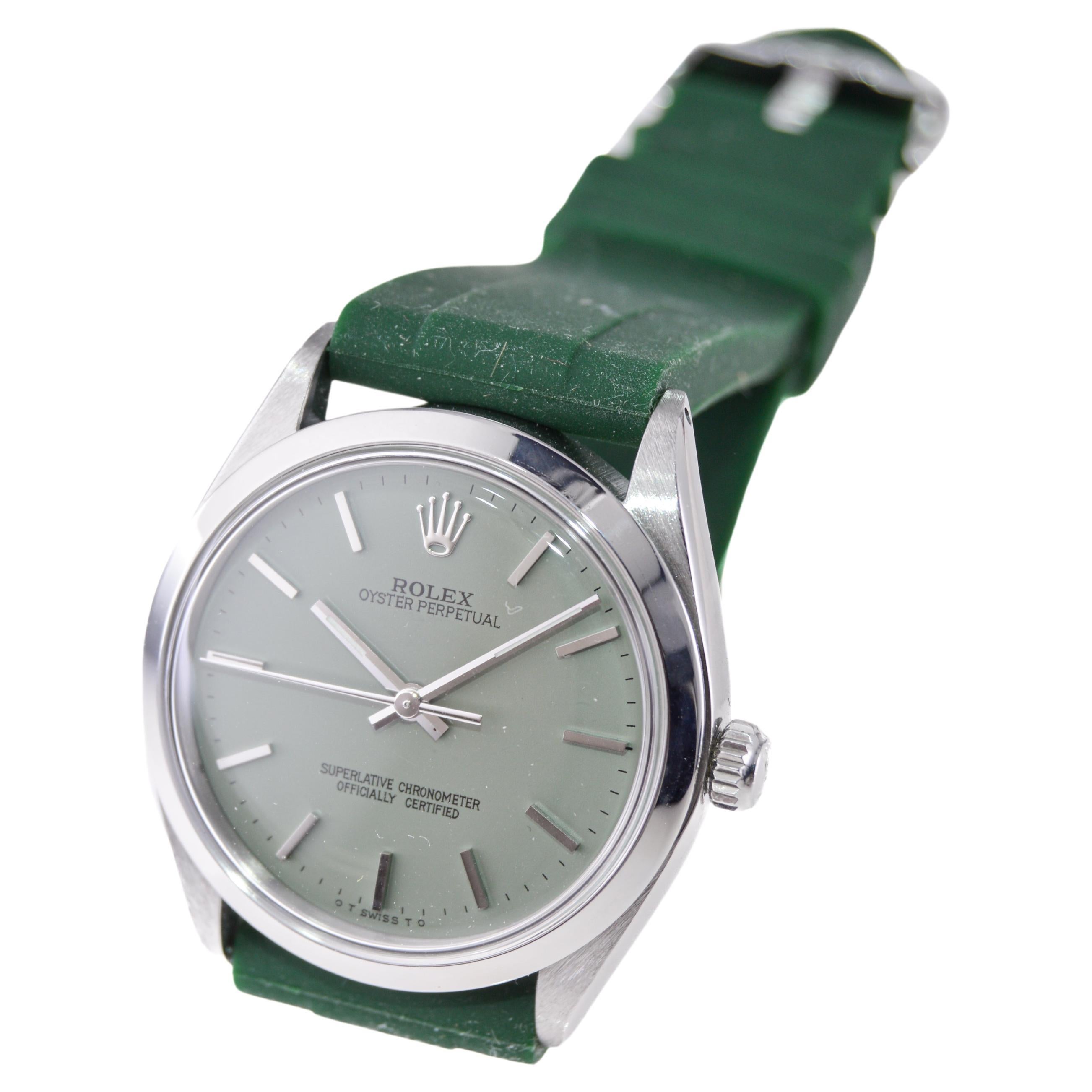 Rolex Stainless Steel Oyster Perpetual With Custom Sage Green Dial circa, 1980's 2