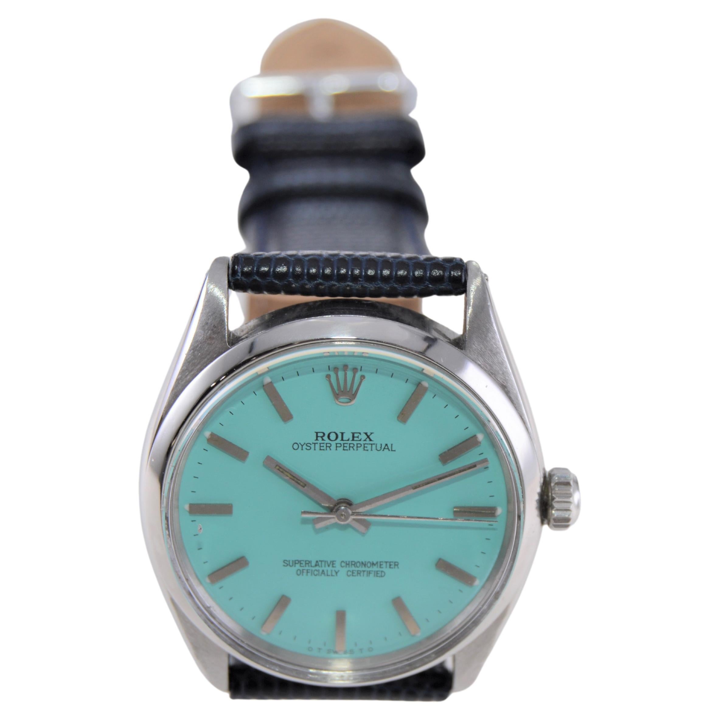 Modern Rolex Stainless Steel Oyster Perpetual With Custom Tiffany Blue Dial 1956 For Sale
