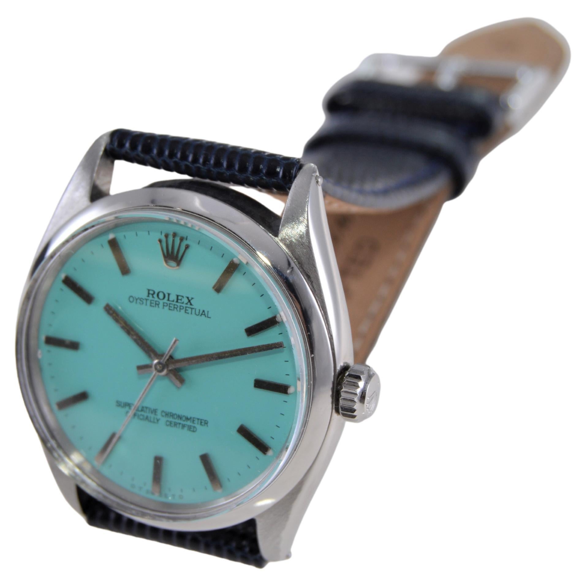 Rolex Stainless Steel Oyster Perpetual With Custom Tiffany Blue Dial 1956 In Excellent Condition For Sale In Long Beach, CA