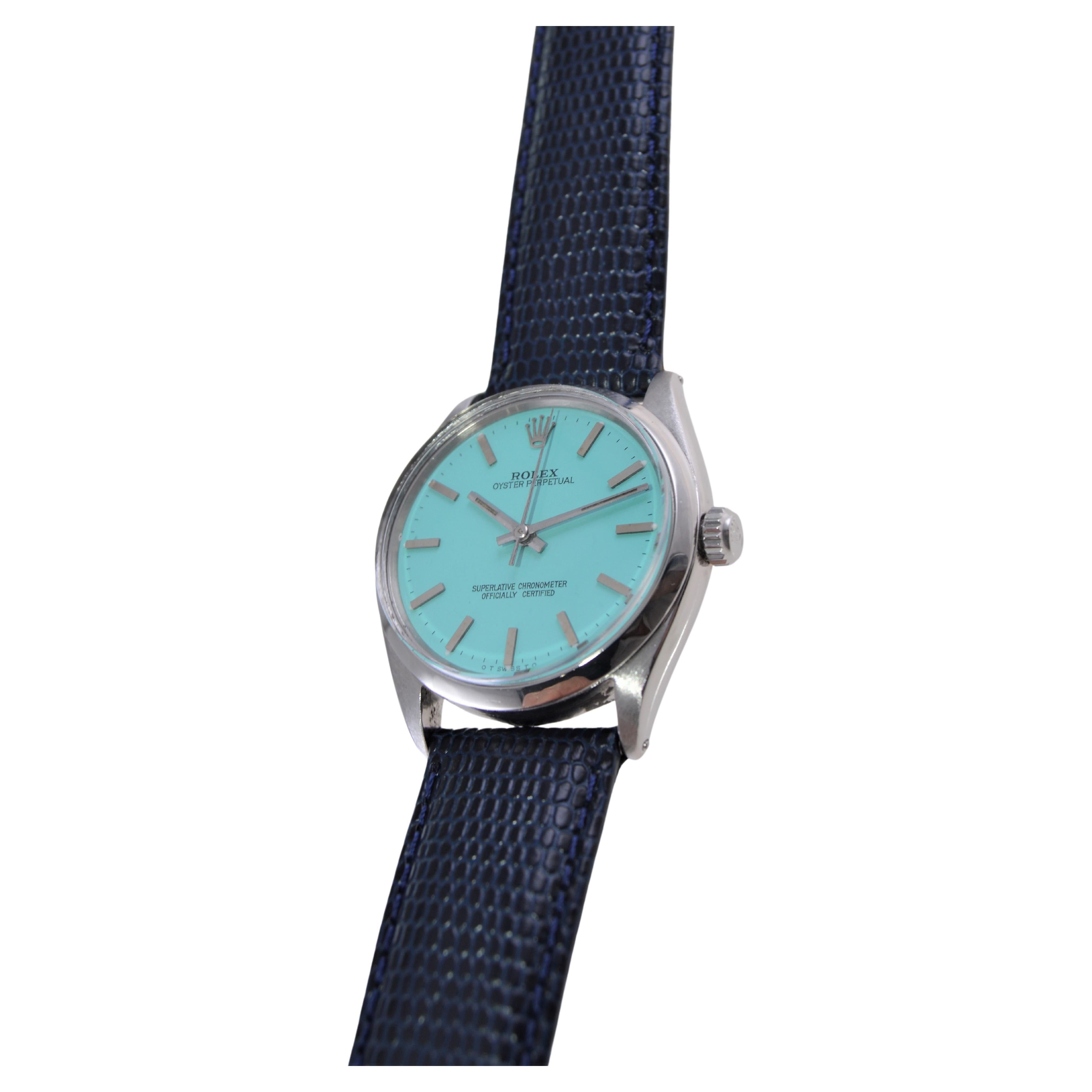 Women's or Men's Rolex Stainless Steel Oyster Perpetual With Custom Tiffany Blue Dial 1956 For Sale