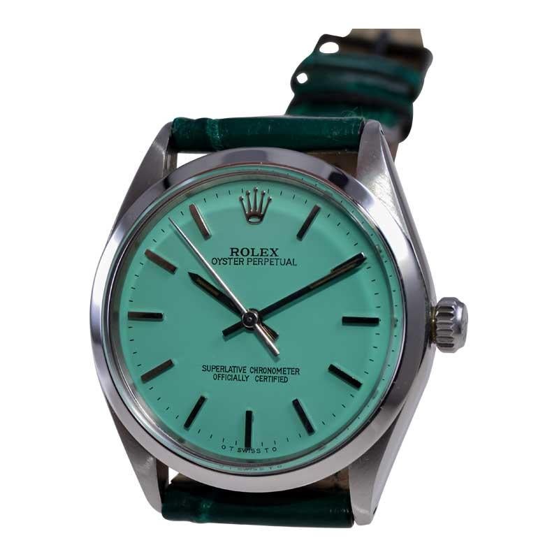 Women's or Men's Rolex Stainless Steel Oyster Perpetual with Custom Tiffany Blue Dial 1970's