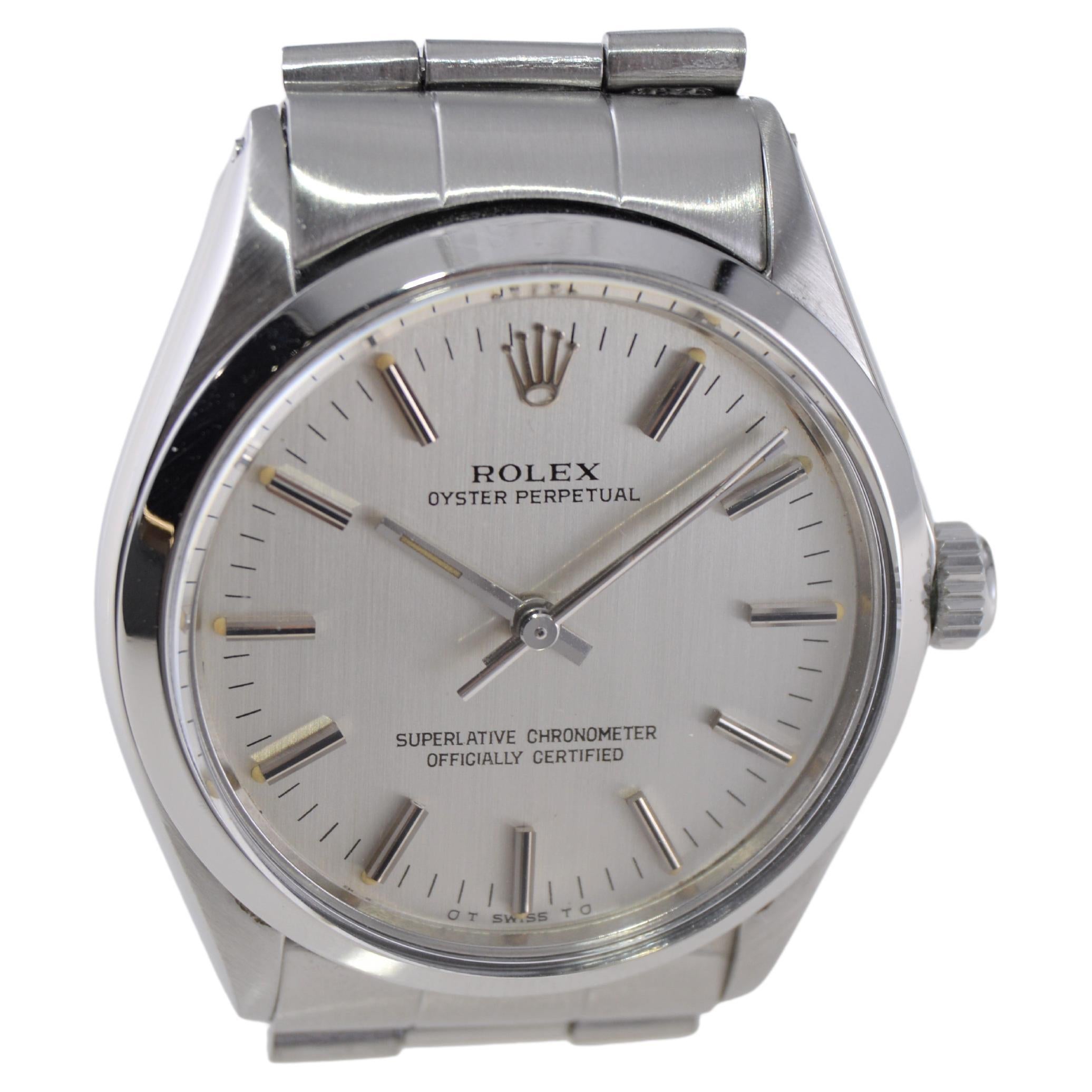 Rolex Stainless Steel Oyster Perpetual With Factory Original Silver Dial 1970's In Excellent Condition For Sale In Long Beach, CA