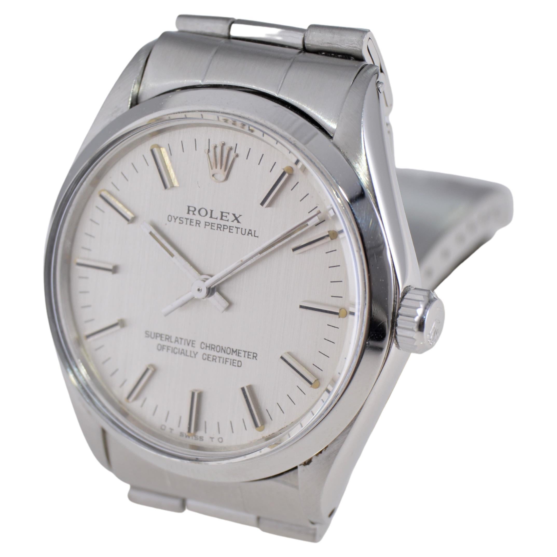 Women's or Men's Rolex Stainless Steel Oyster Perpetual With Factory Original Silver Dial 1970's For Sale