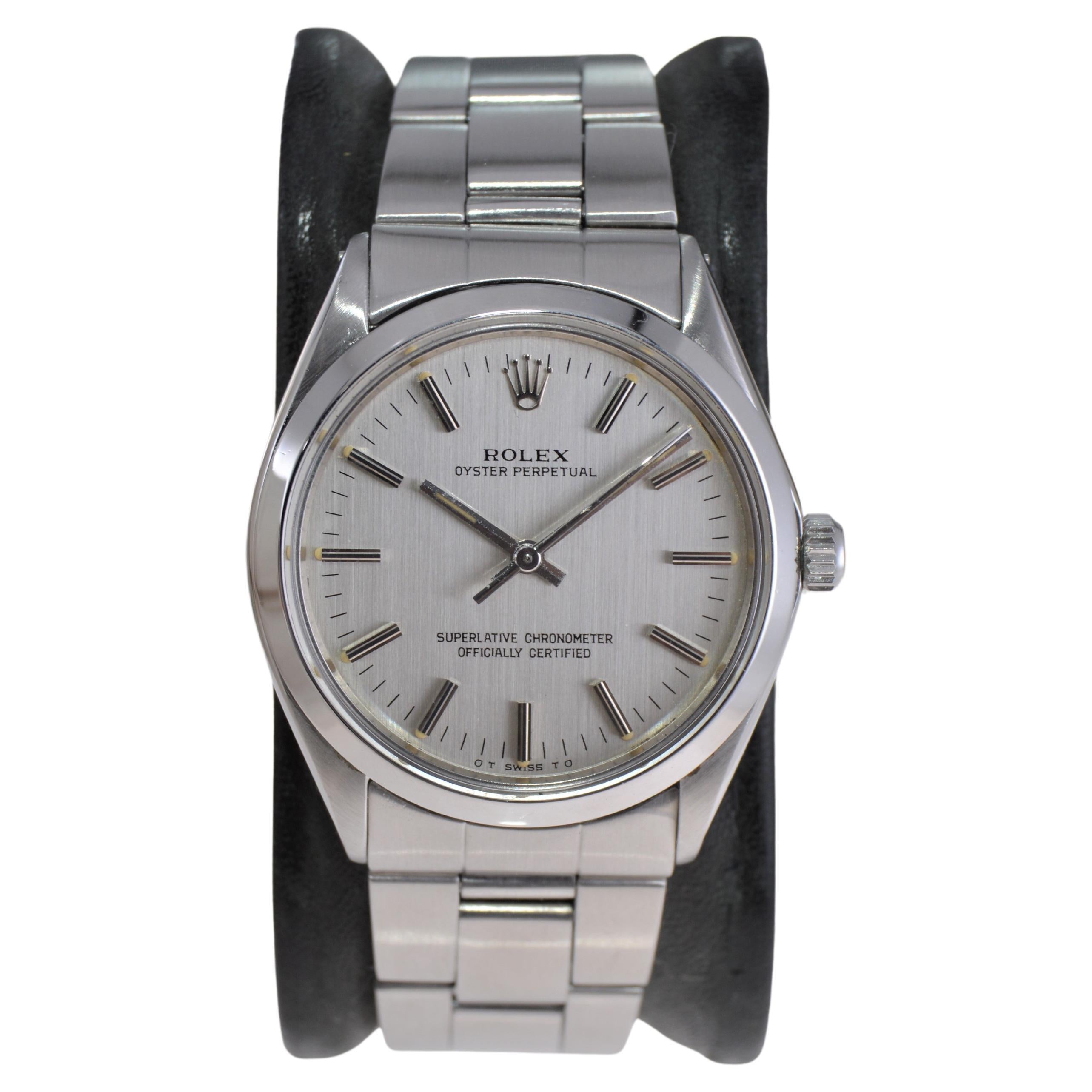 Rolex Stainless Steel Oyster Perpetual With Factory Original Silver Dial 1970's For Sale