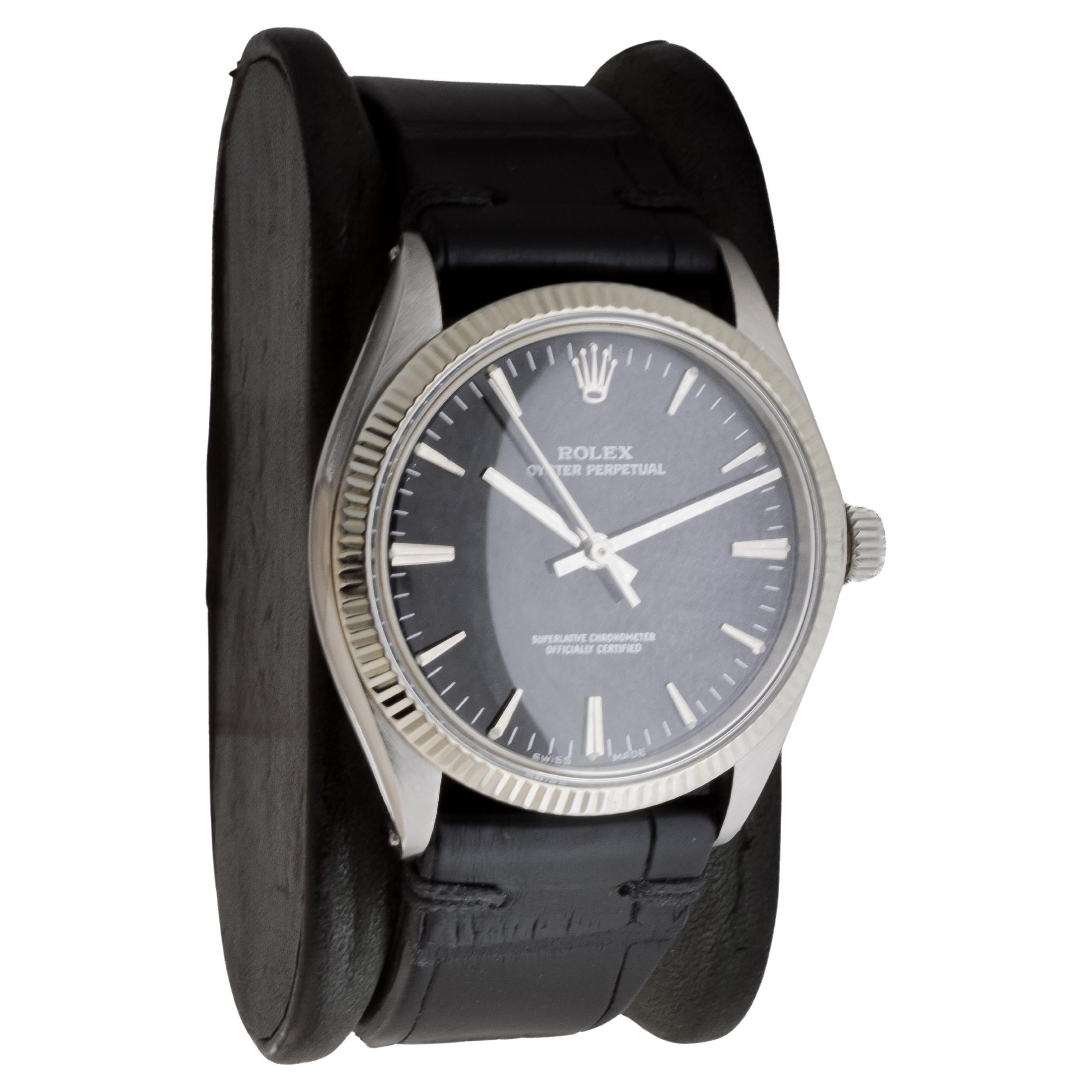 Modern Rolex Stainless Steel Oyster Perpetual with Rare Black Dial circa, 1972 For Sale