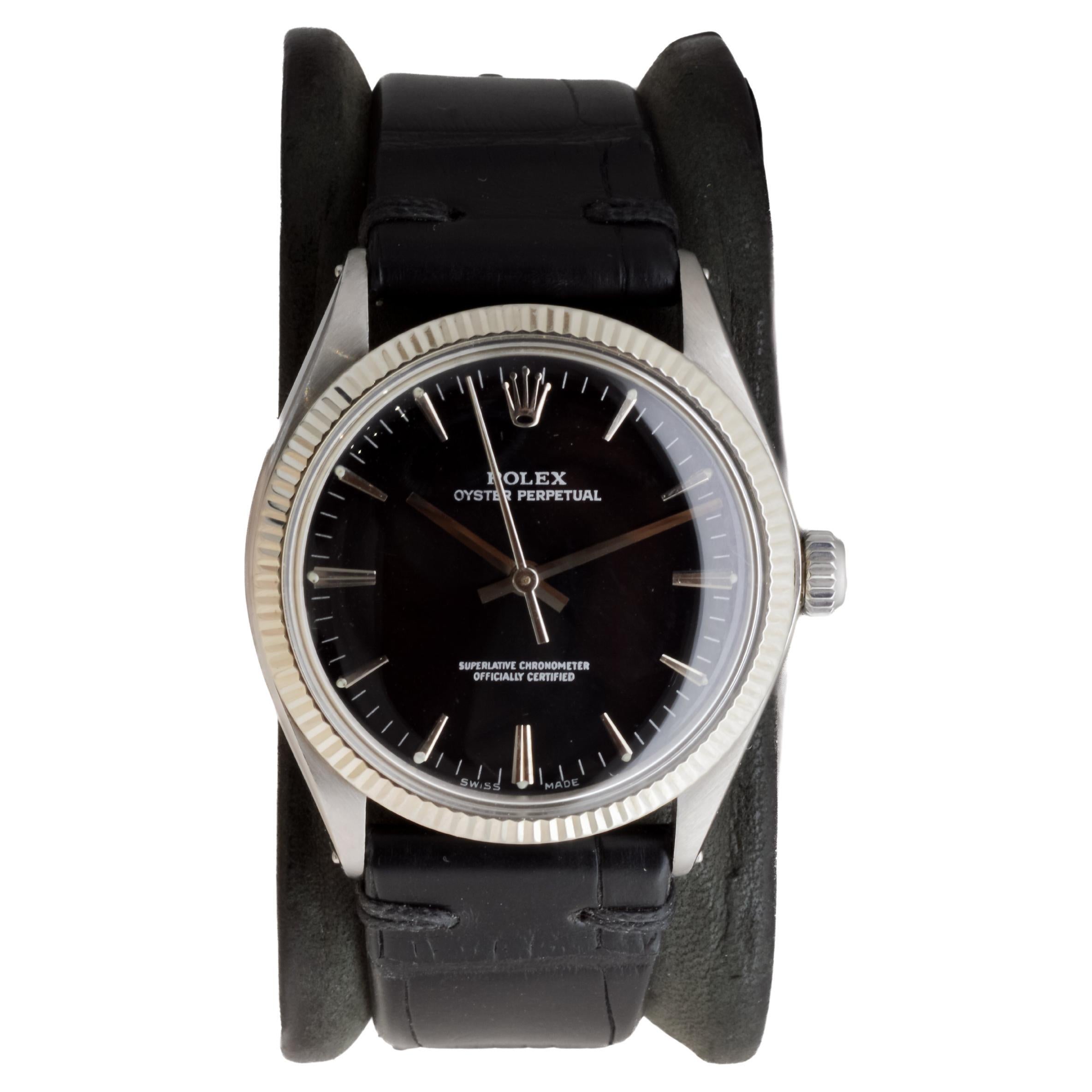 Rolex Stainless Steel Oyster Perpetual with Rare Black Dial circa, 1972 In Excellent Condition For Sale In Long Beach, CA