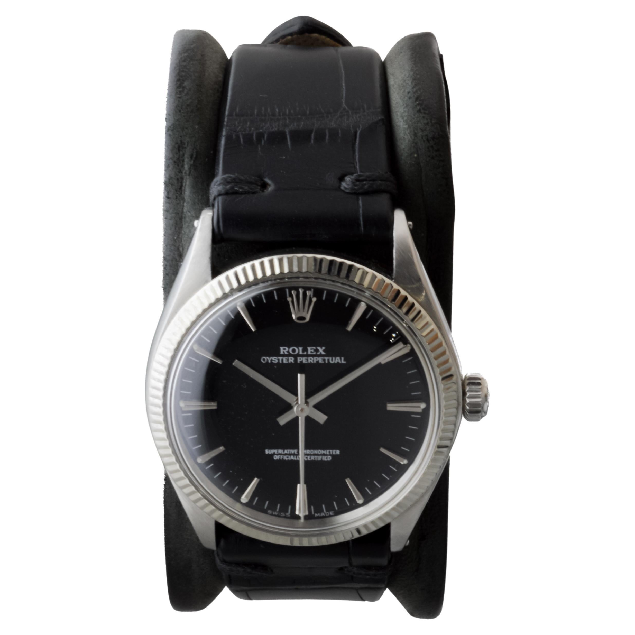 Women's or Men's Rolex Stainless Steel Oyster Perpetual with Rare Black Dial circa, 1972 For Sale