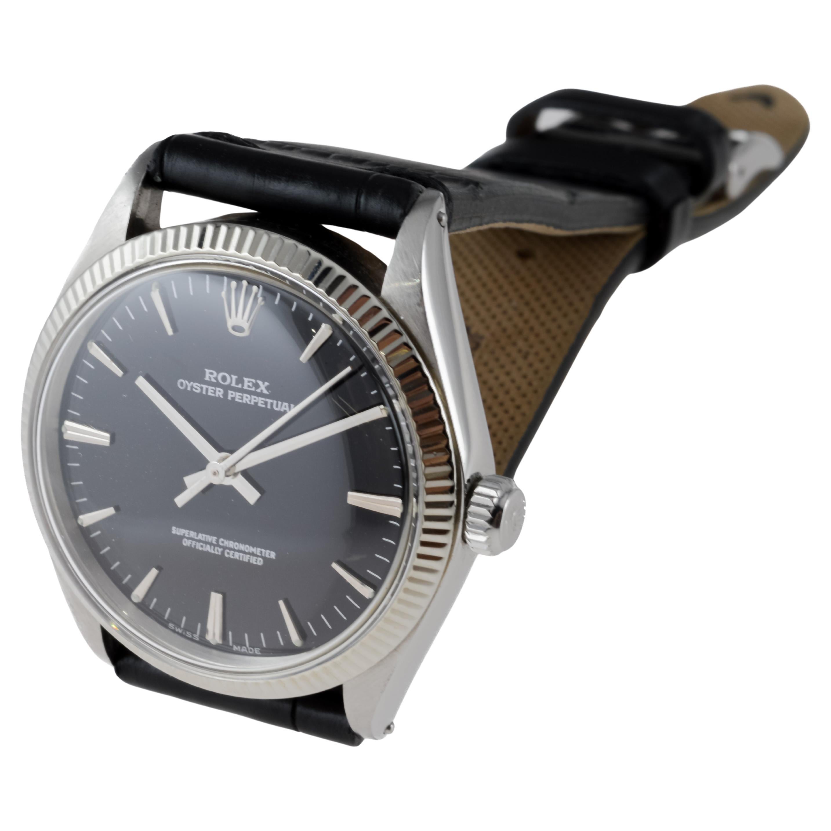 Rolex Stainless Steel Oyster Perpetual with Rare Black Dial circa, 1972 For Sale 4