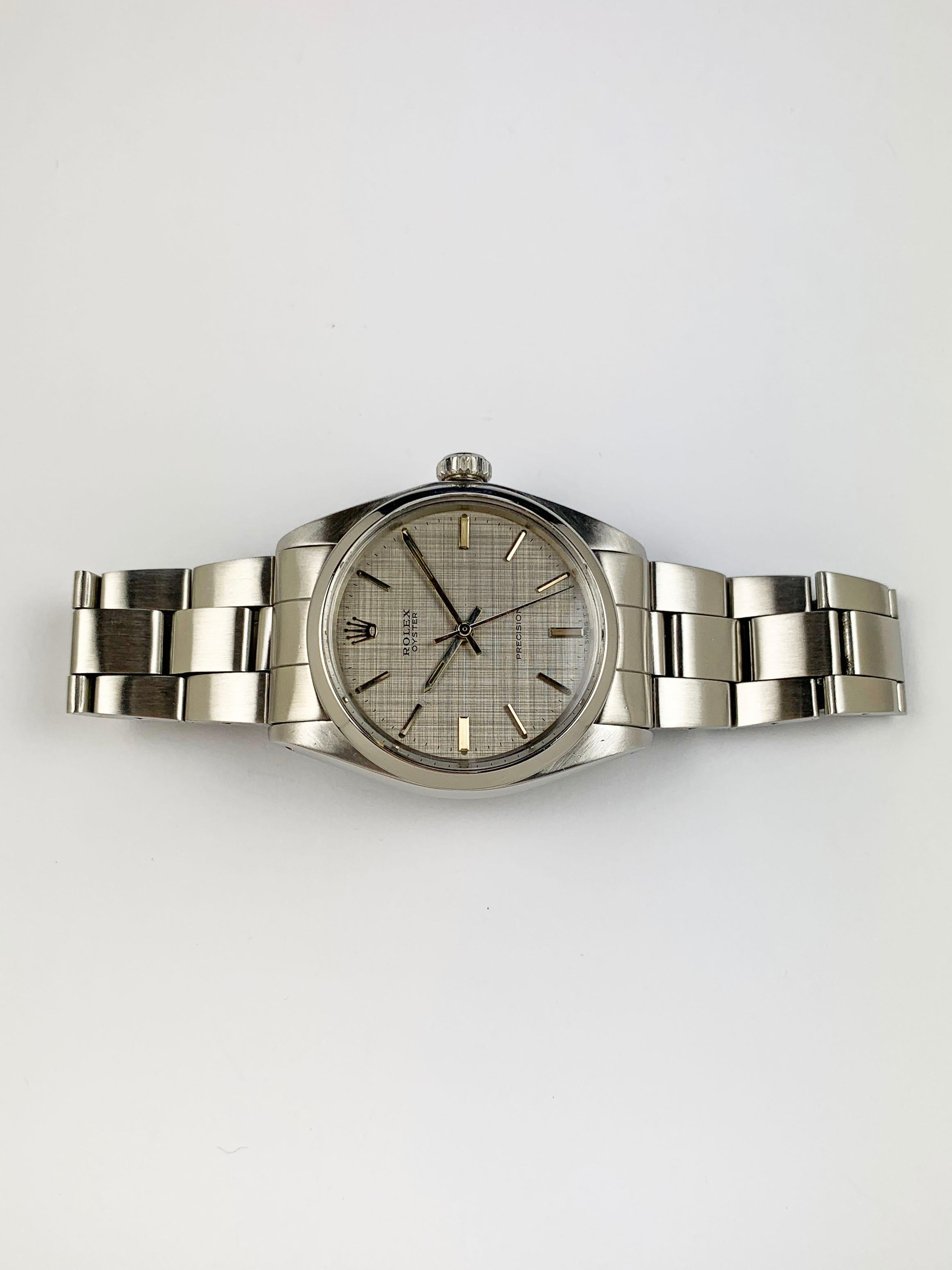 Rolex Stainless Steel Oyster Precision Linen Dial Manual Wind Wristwatch In Good Condition For Sale In New York, NY