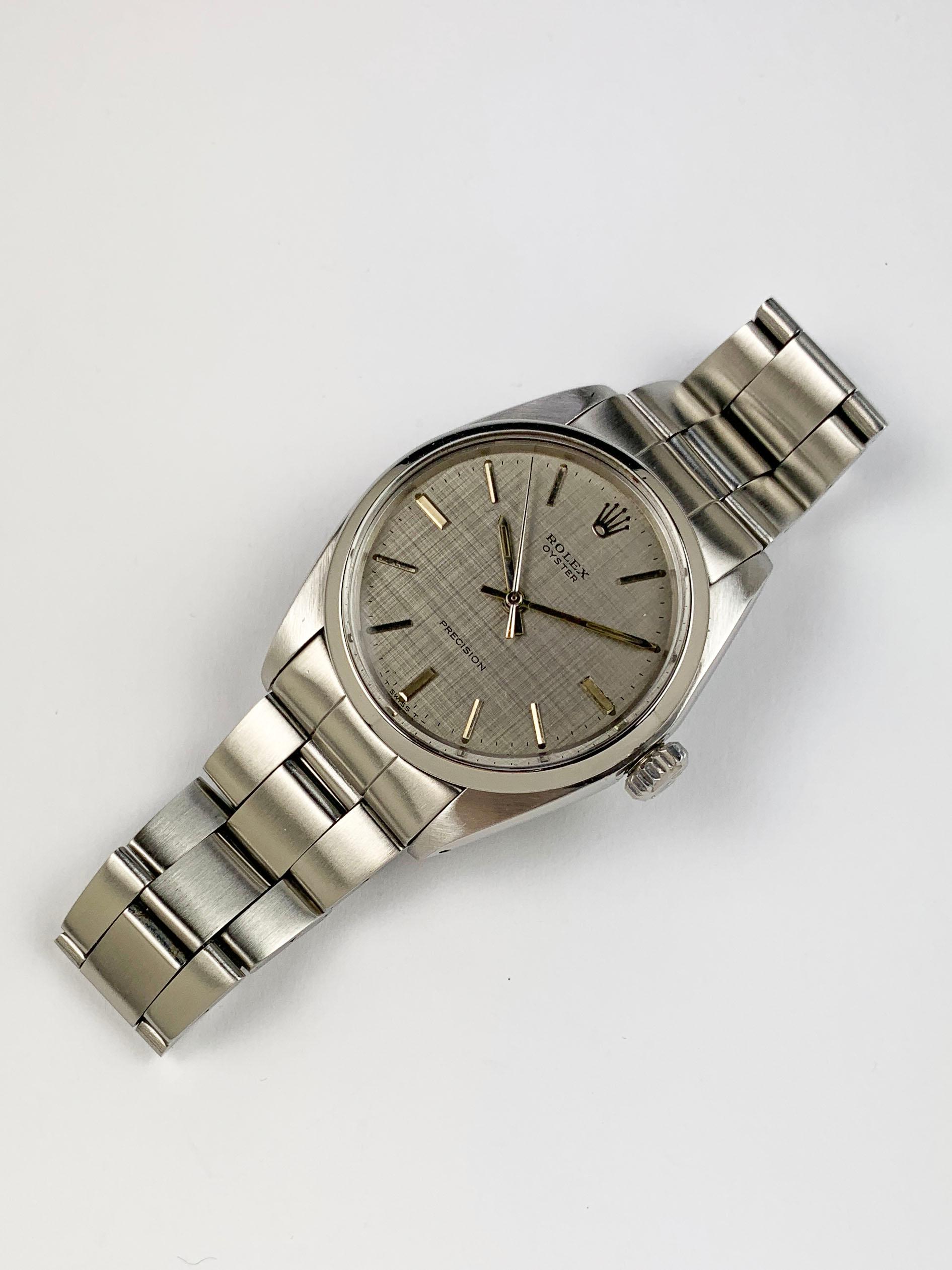 Women's or Men's Rolex Stainless Steel Oyster Precision Linen Dial Manual Wind Wristwatch For Sale