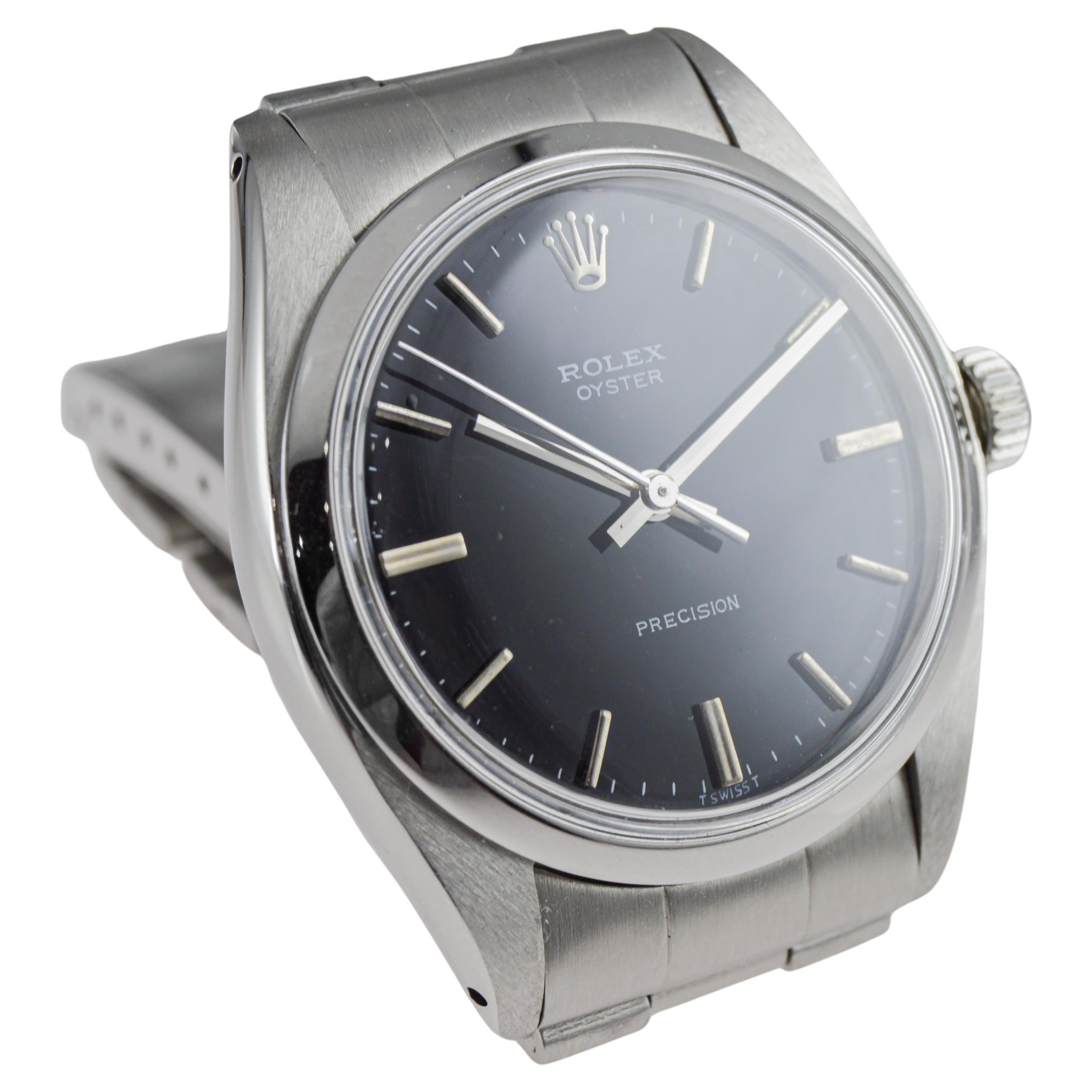 Rolex Oyster in acciaio inossidabile con raro quadrante nero e bracciale originale in vendita 6