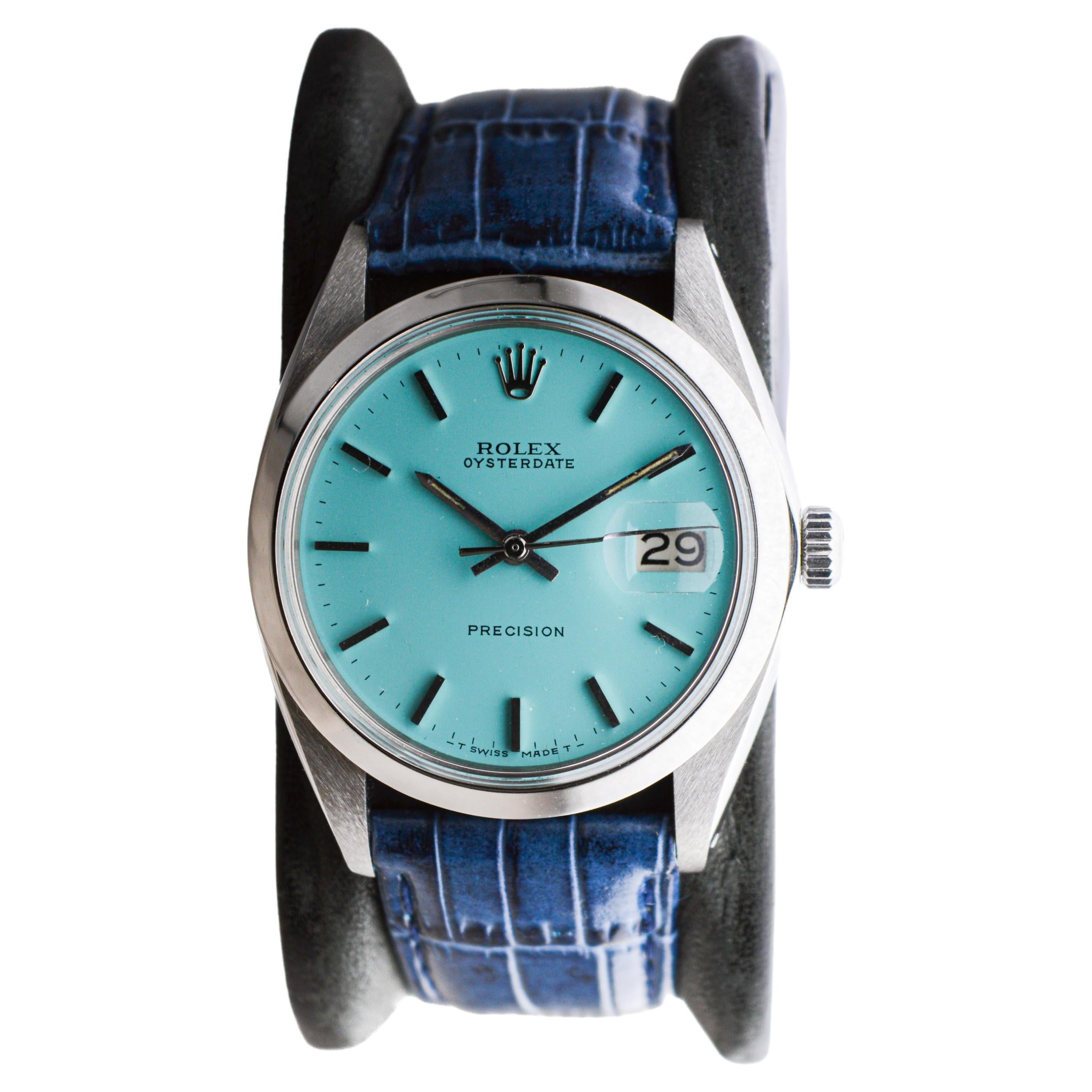 Rolex Stainless Steel Oysterdate with Custom Blue Dial circa, 1970's In Excellent Condition In Long Beach, CA