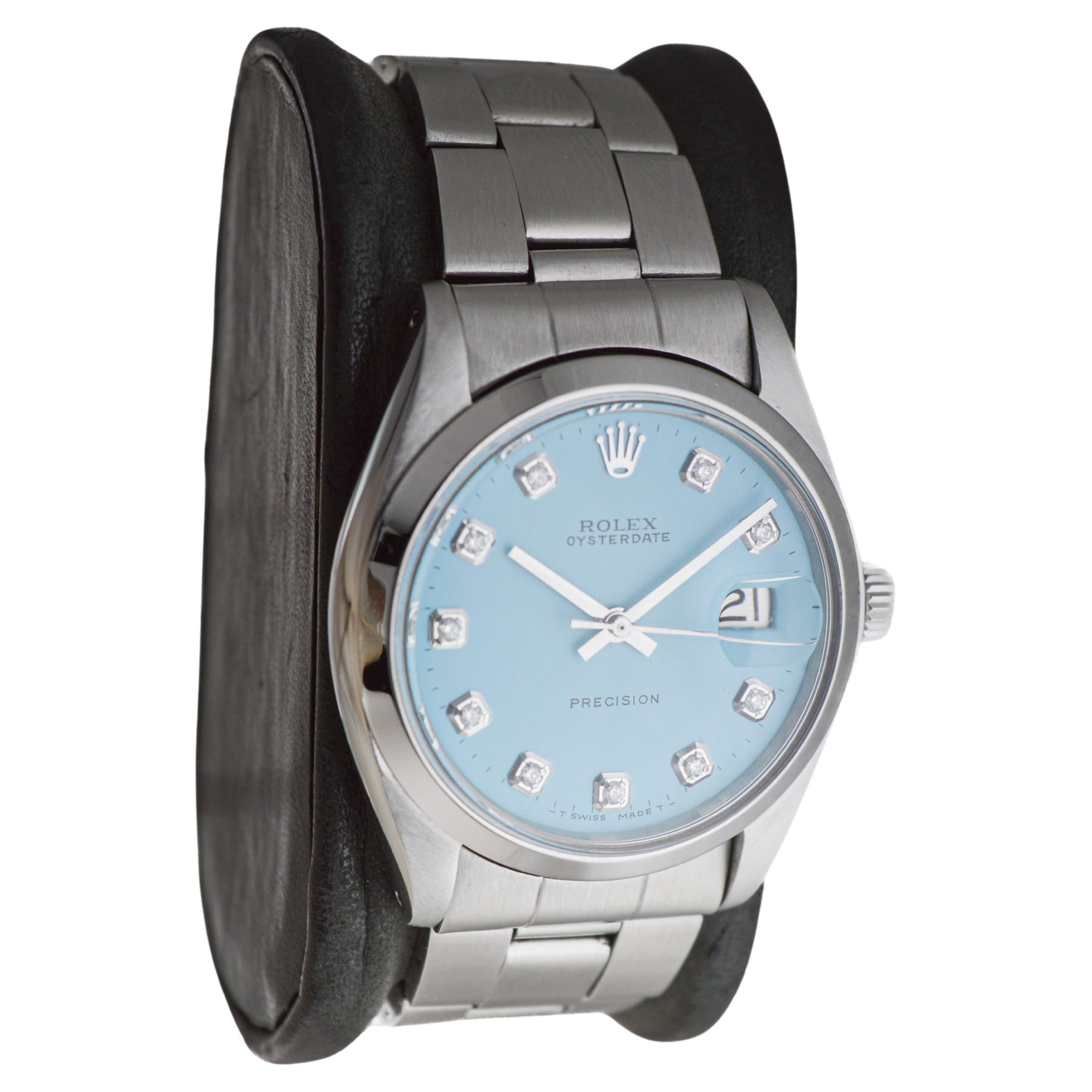 Modern Rolex Stainless Steel Oysterdate with Custom Blue Diamond Dial 1960's