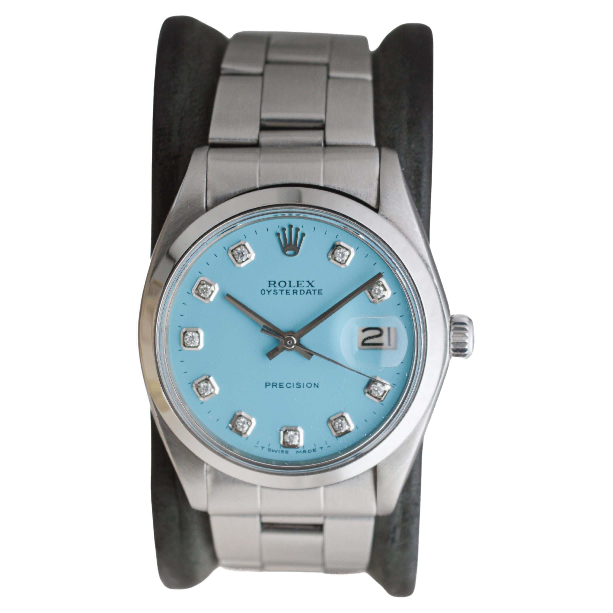 Rolex Stainless Steel Oysterdate with Custom Blue Diamond Dial 1960's In Excellent Condition In Long Beach, CA