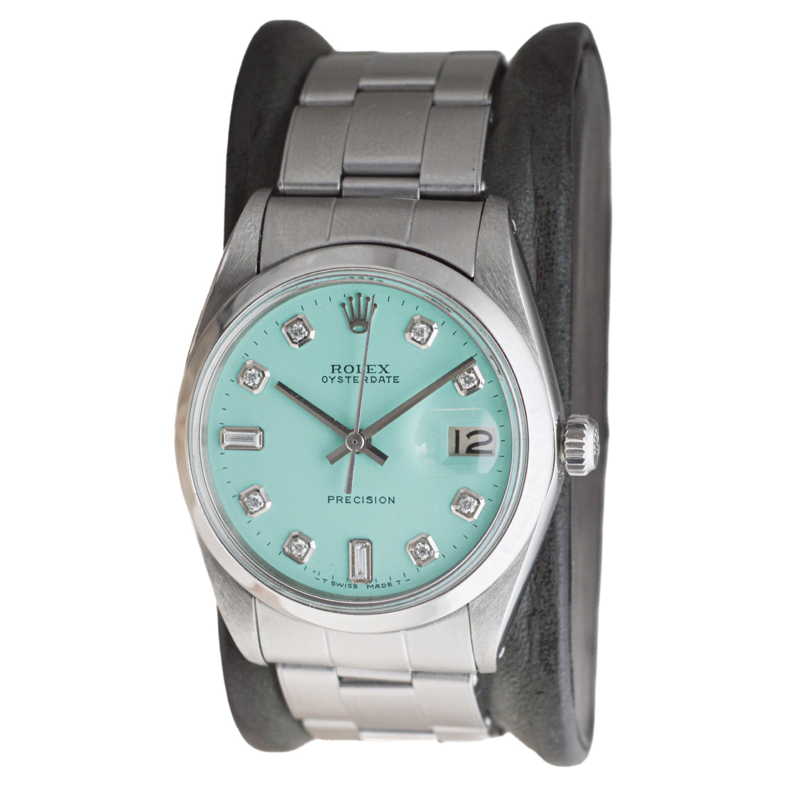 Women's or Men's Rolex Stainless Steel Oysterdate with Custom Blue Diamond Dial 1960's For Sale