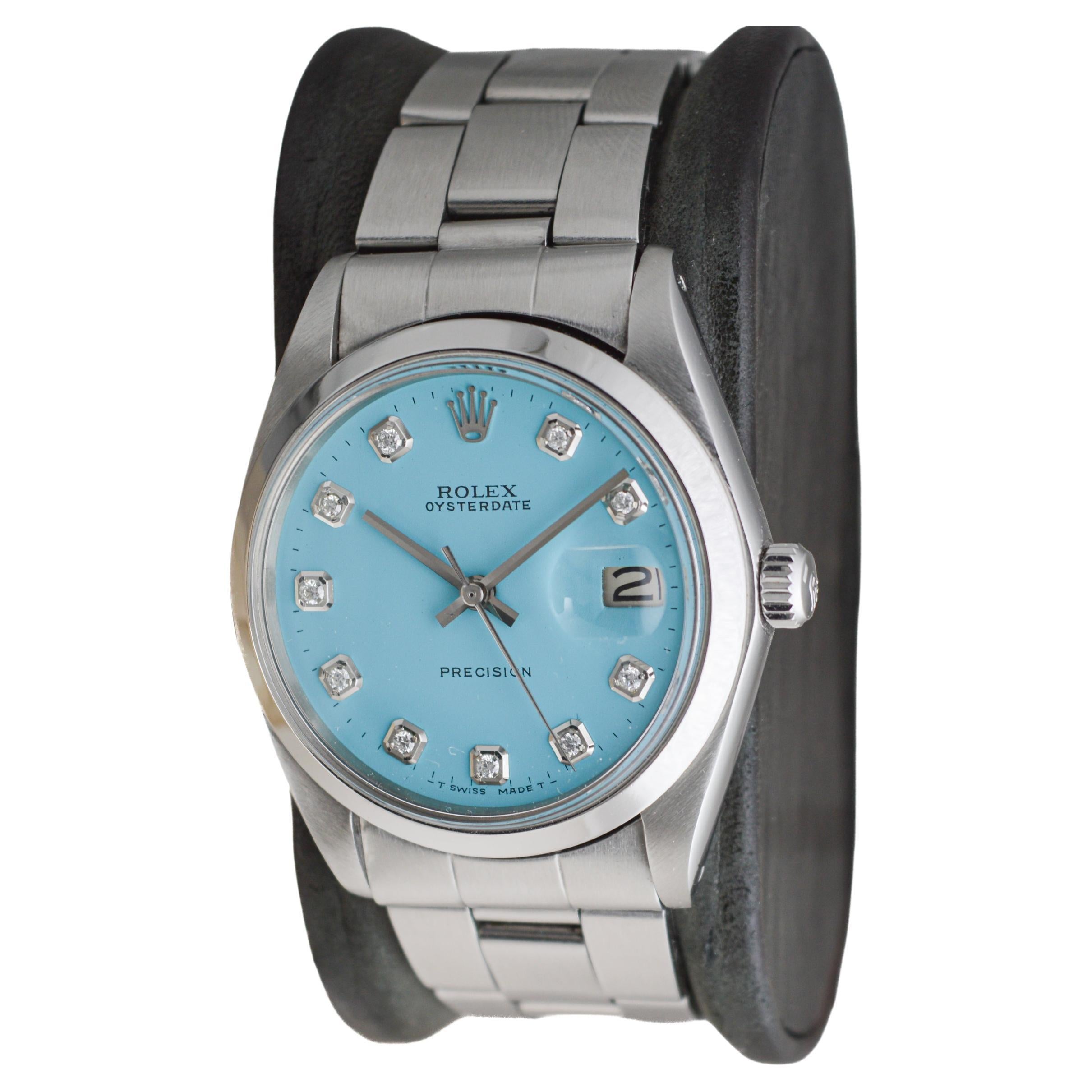 Women's or Men's Rolex Stainless Steel Oysterdate with Custom Blue Diamond Dial 1960's