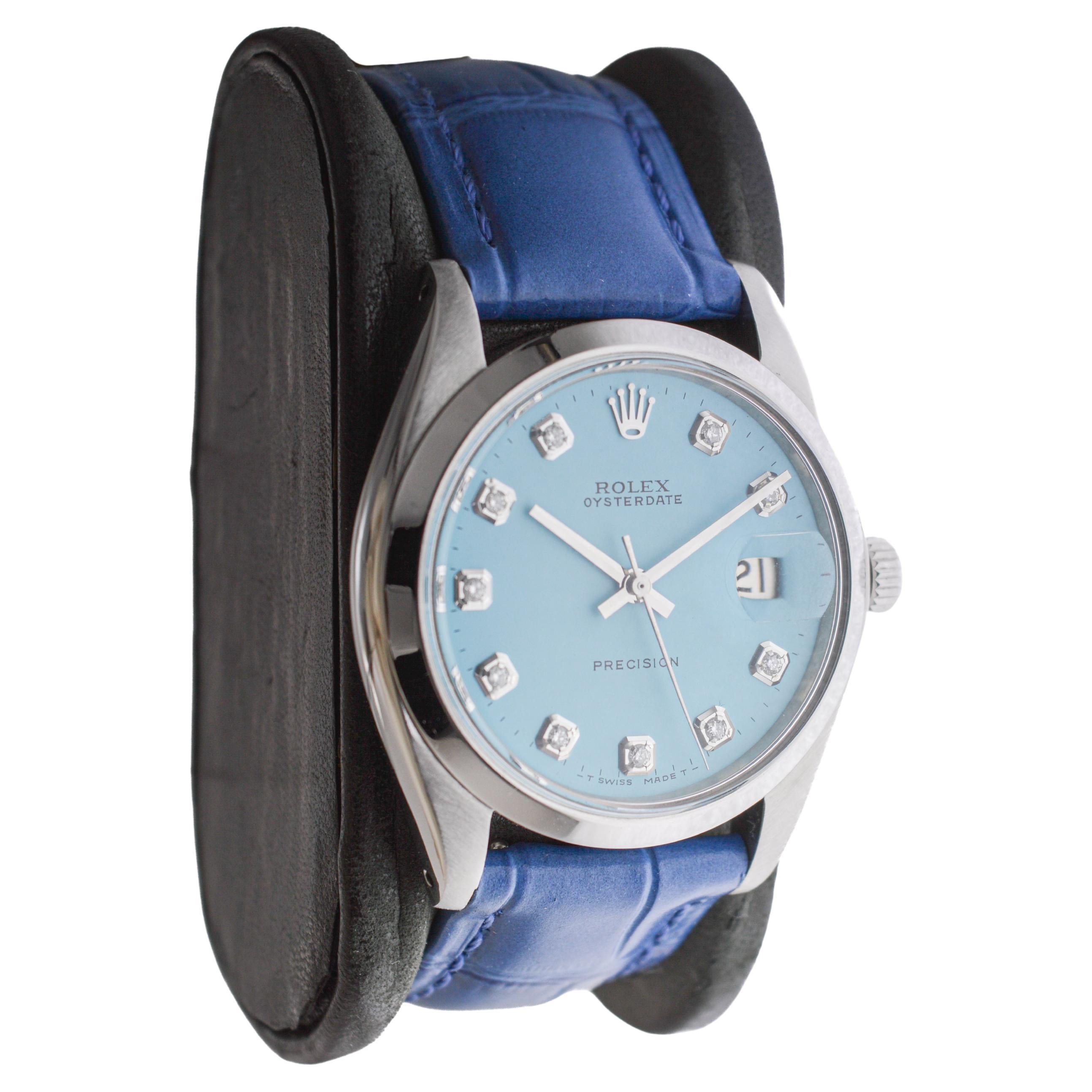 Modern Rolex Stainless Steel Oysterdate with Custom Blue Diamond Dial circa, 1960's
