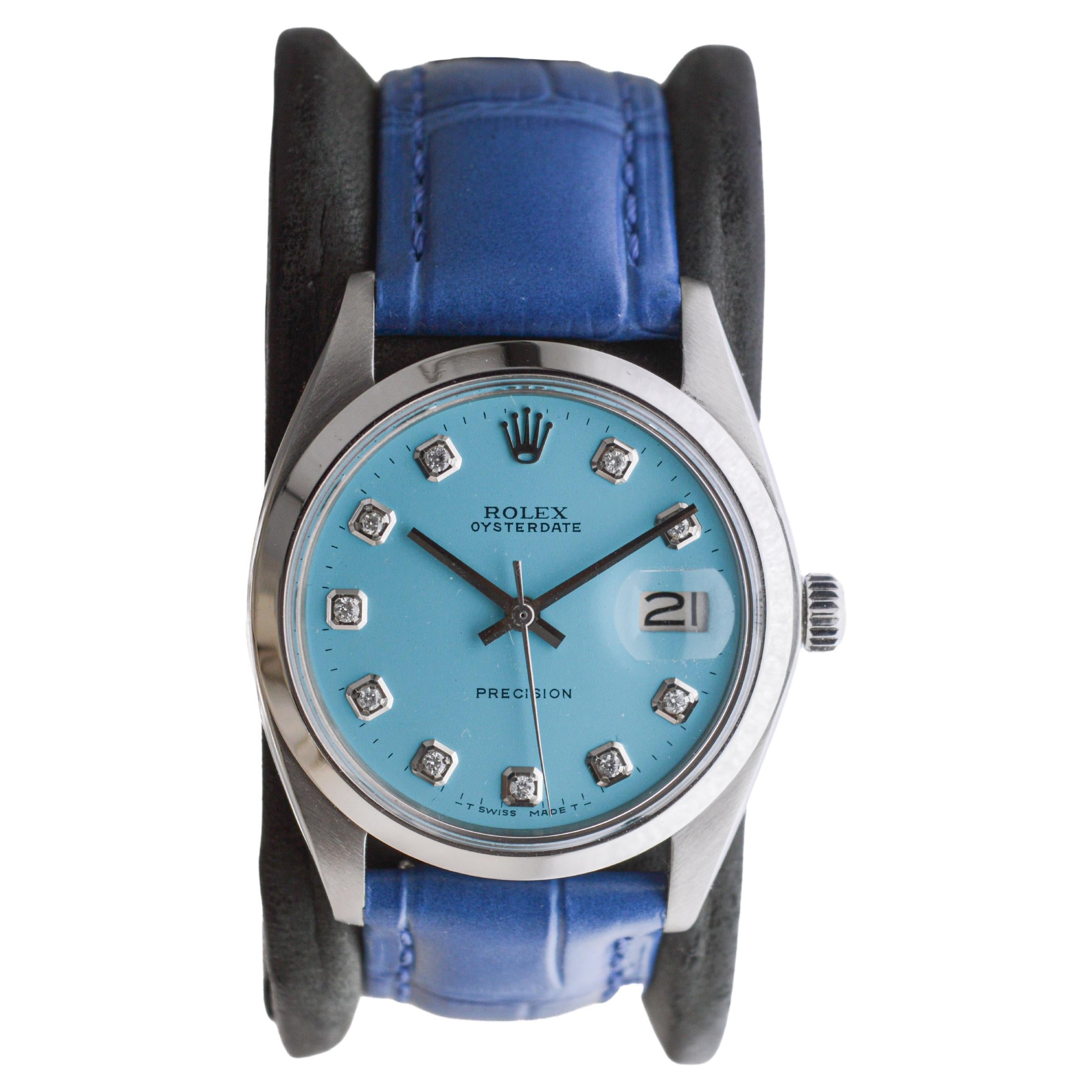 Rolex Stainless Steel Oysterdate with Custom Blue Diamond Dial circa, 1960's In Excellent Condition In Long Beach, CA