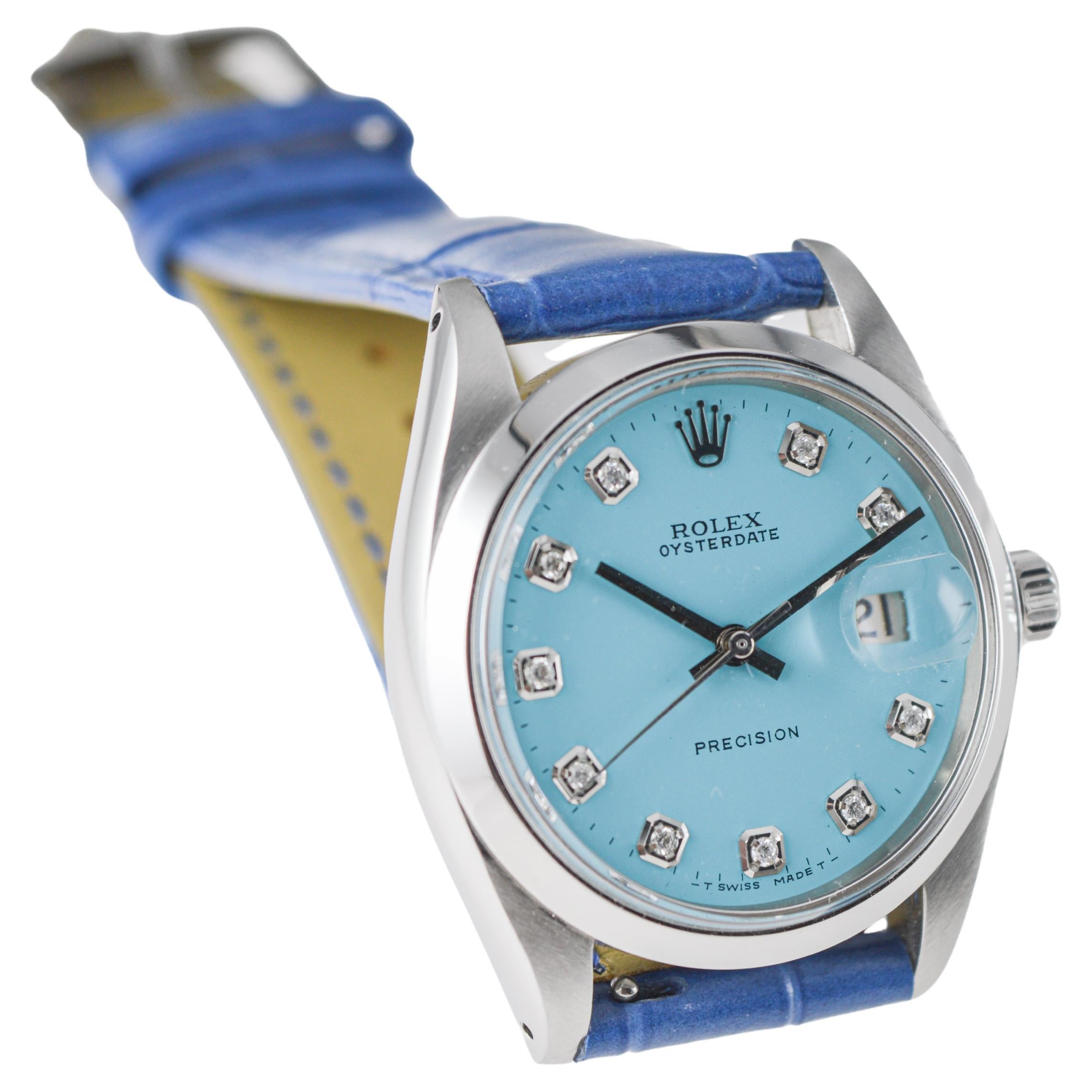Rolex Stainless Steel Oysterdate with Custom Blue Diamond Dial circa, 1960's For Sale 2