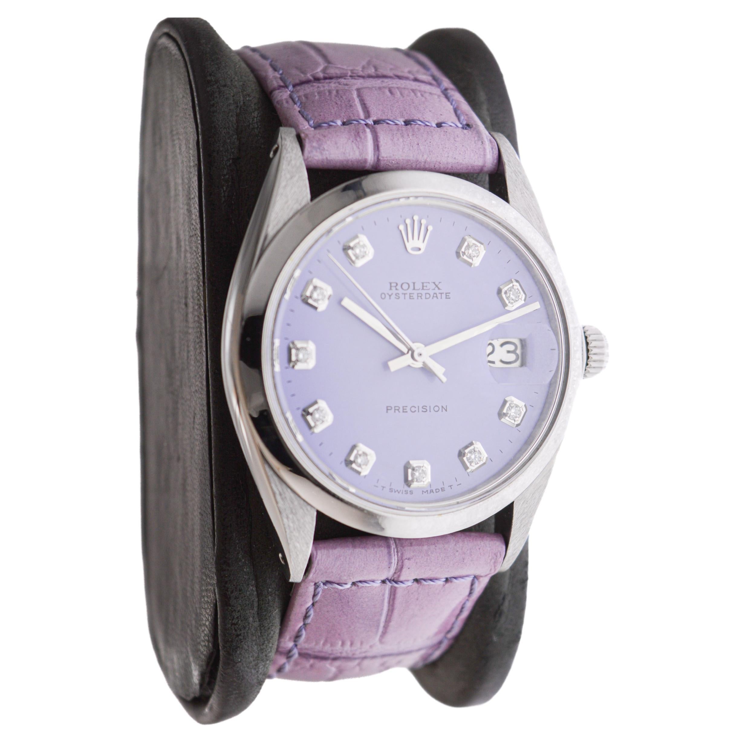Modern Rolex Stainless Steel Oysterdate with Custom Lilac Diamond Dial 1970's