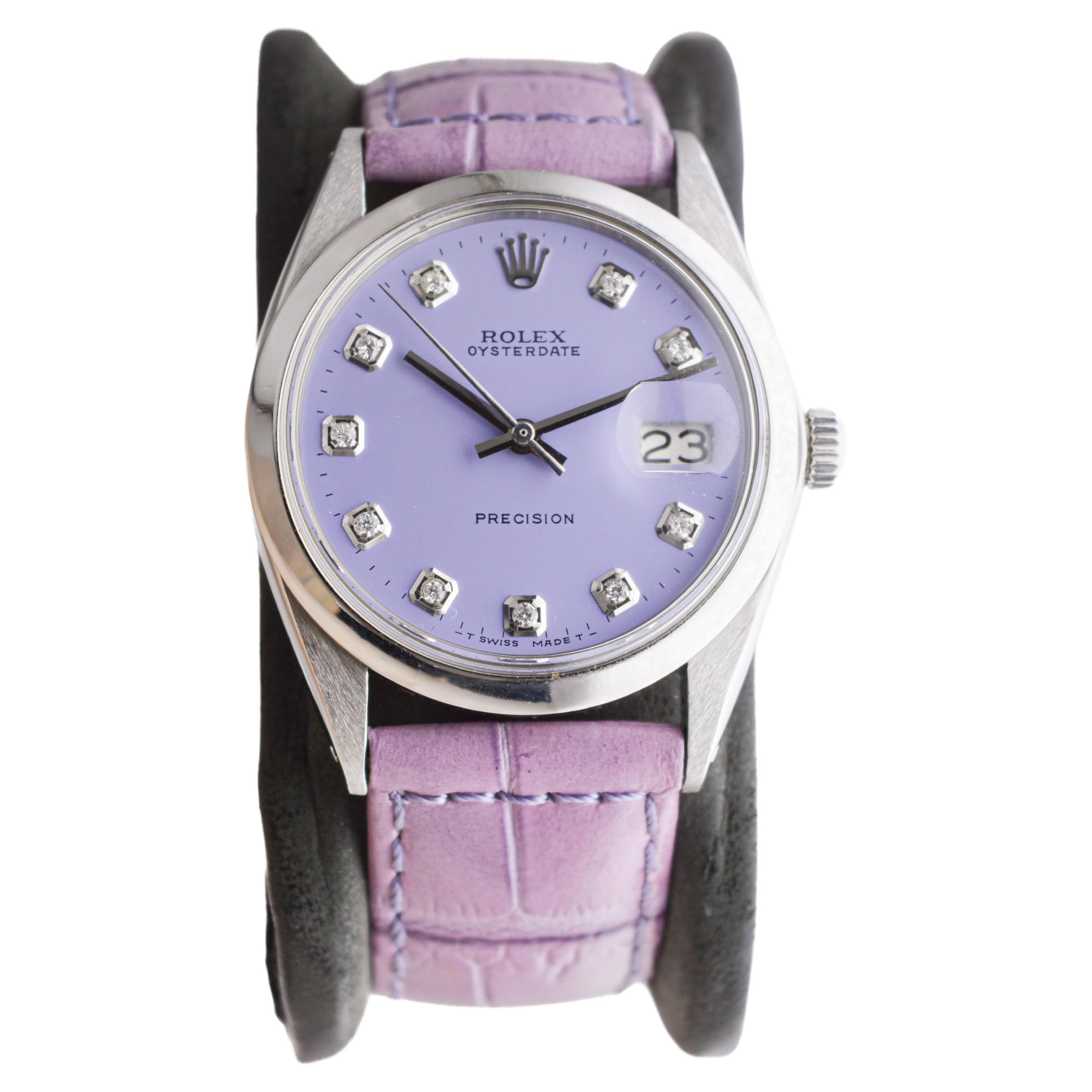 Rolex Stainless Steel Oysterdate with Custom Lilac Diamond Dial 1970's In Excellent Condition In Long Beach, CA