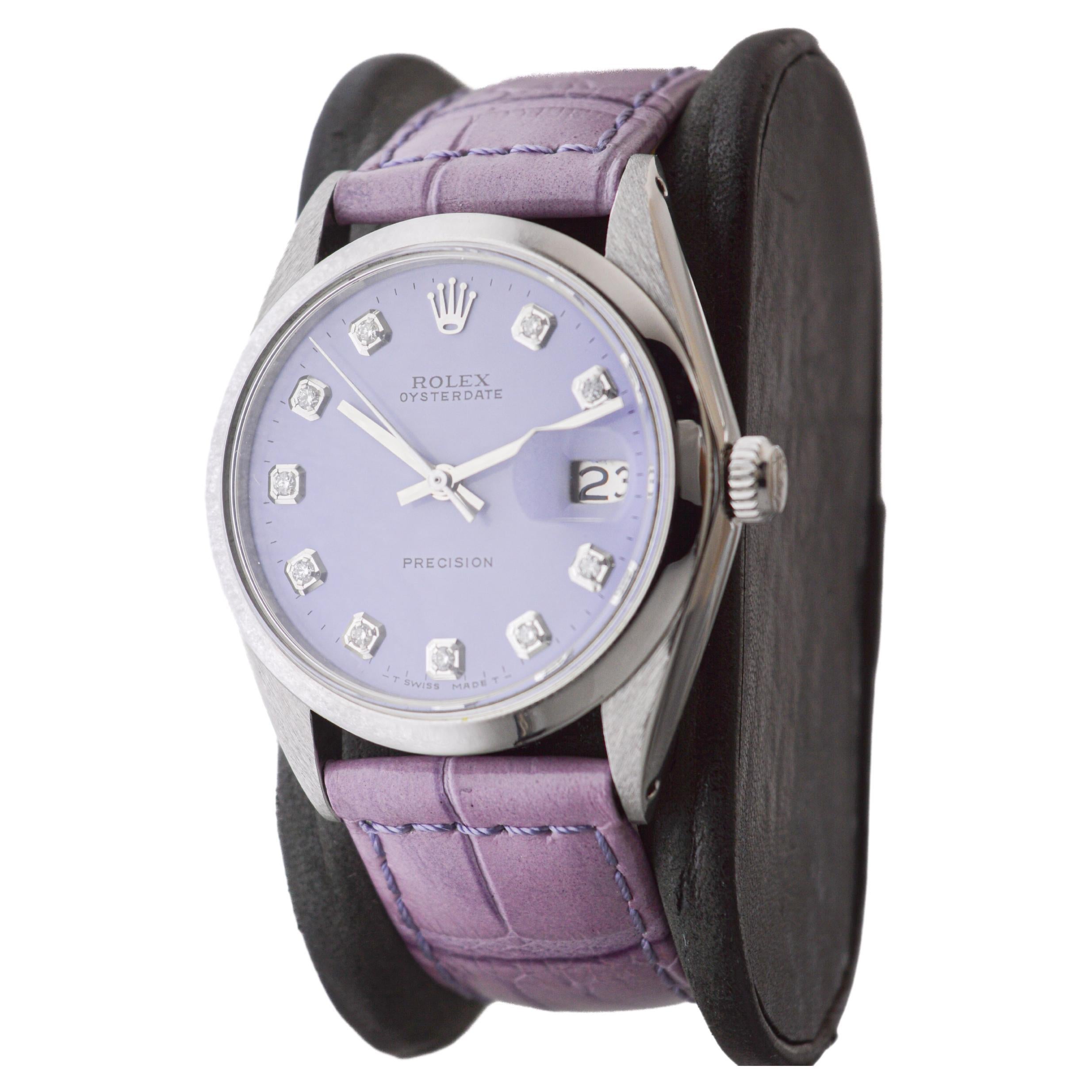 Women's or Men's Rolex Stainless Steel Oysterdate with Custom Lilac Diamond Dial 1970's