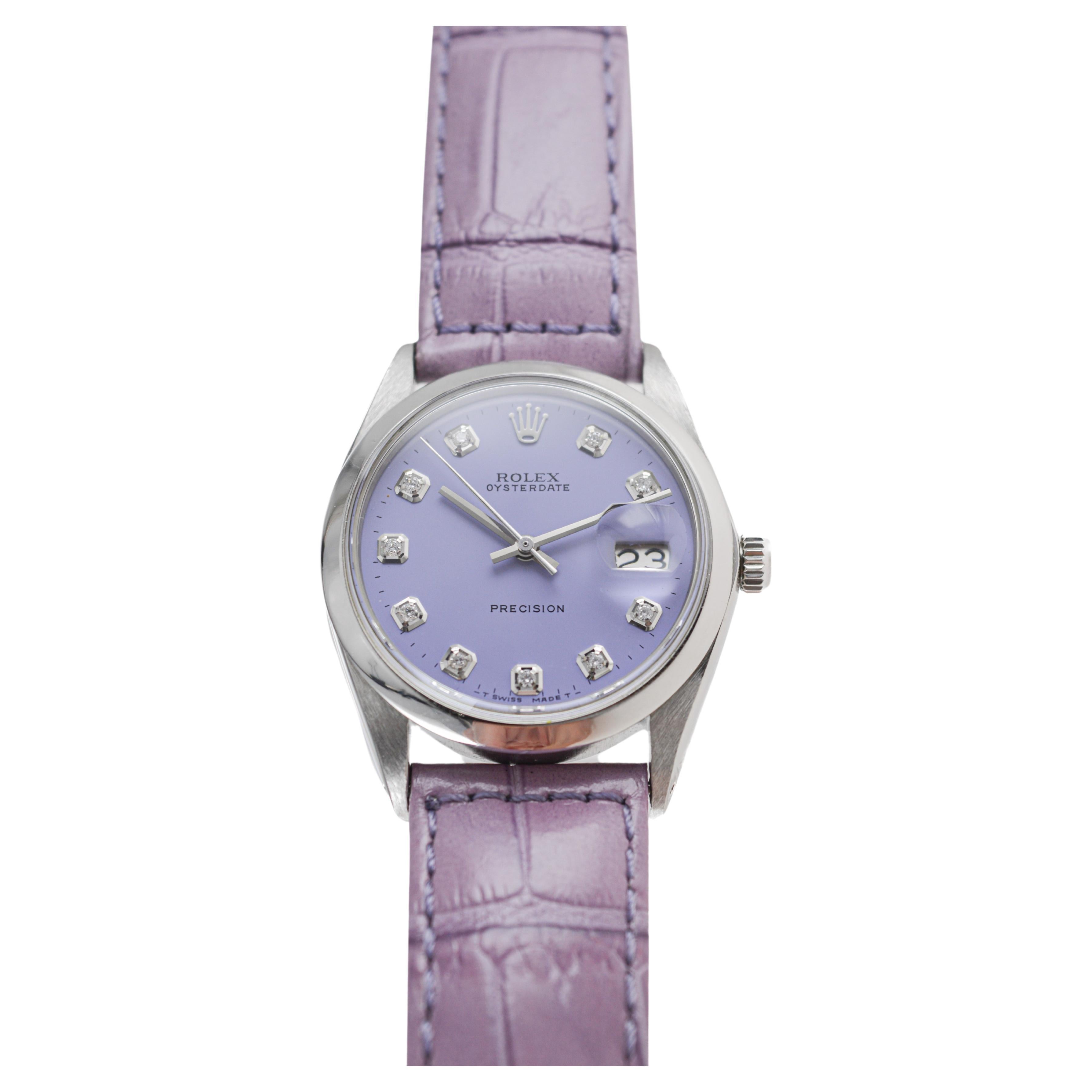Rolex Stainless Steel Oysterdate with Custom Lilac Diamond Dial 1970's 1