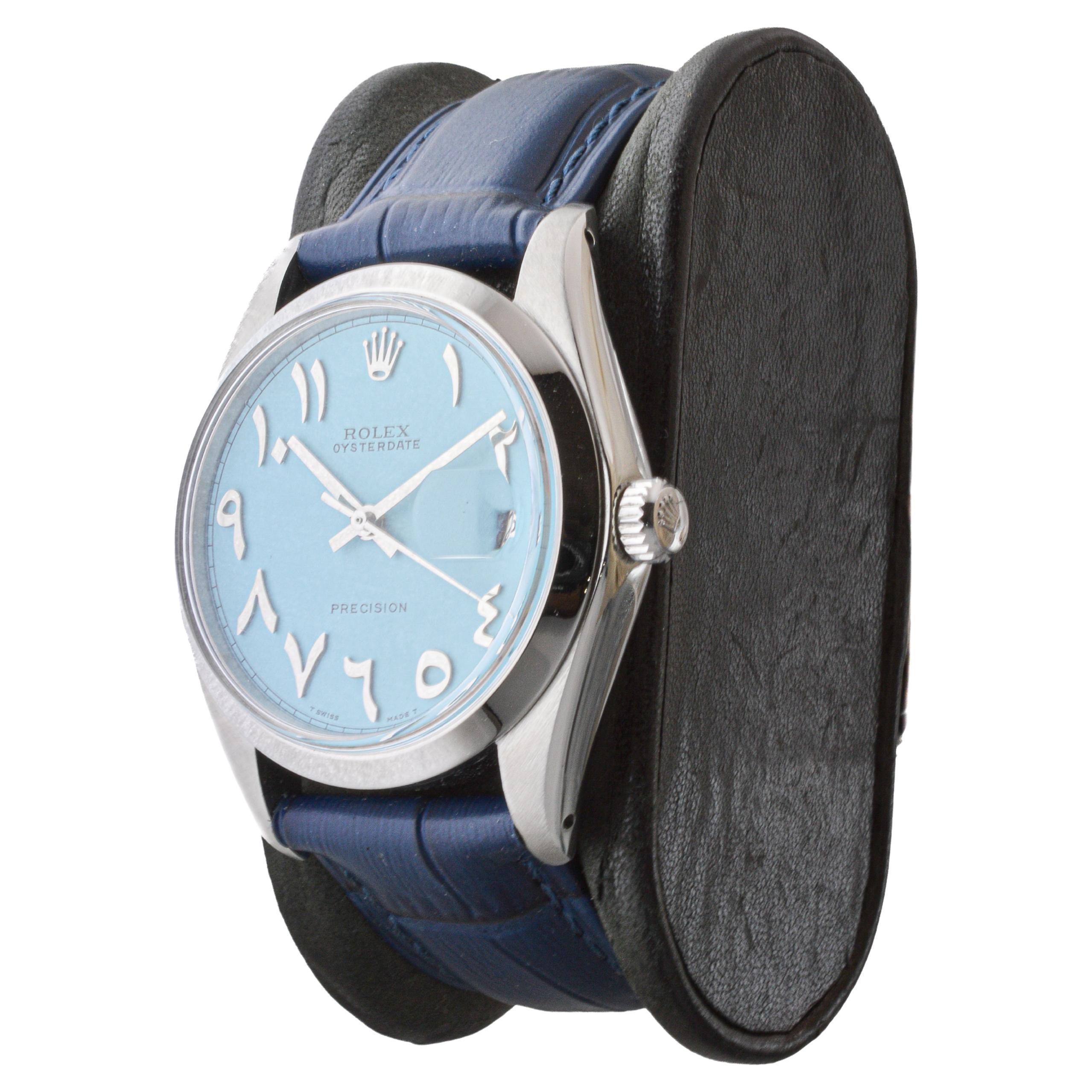 Women's or Men's Rolex Steel Oysterdate with Custom Blue with Persian Numbers circa, 1960's