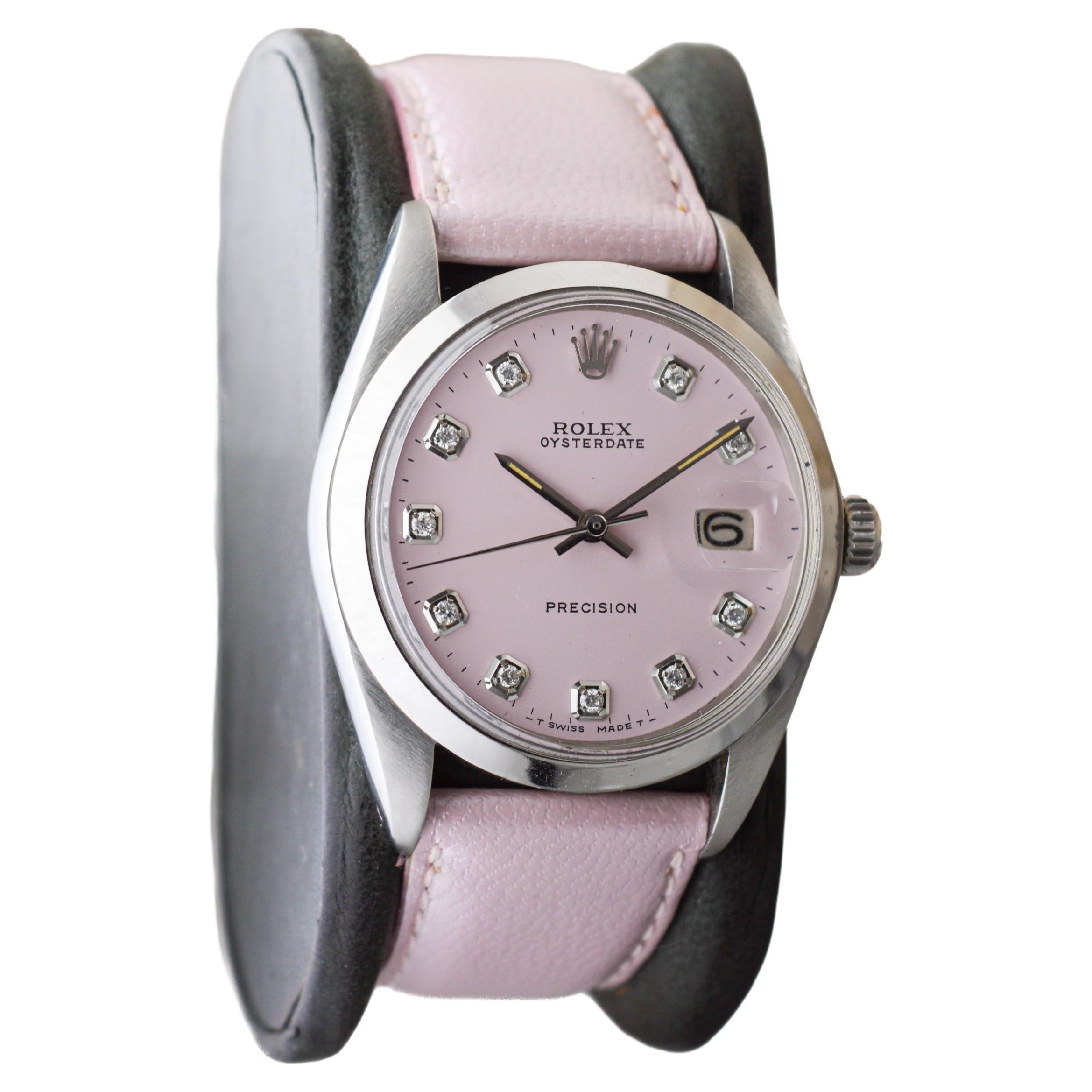 Modernist Rolex Stainless Steel Oysterdate with Custom Pink Dial 1970's For Sale