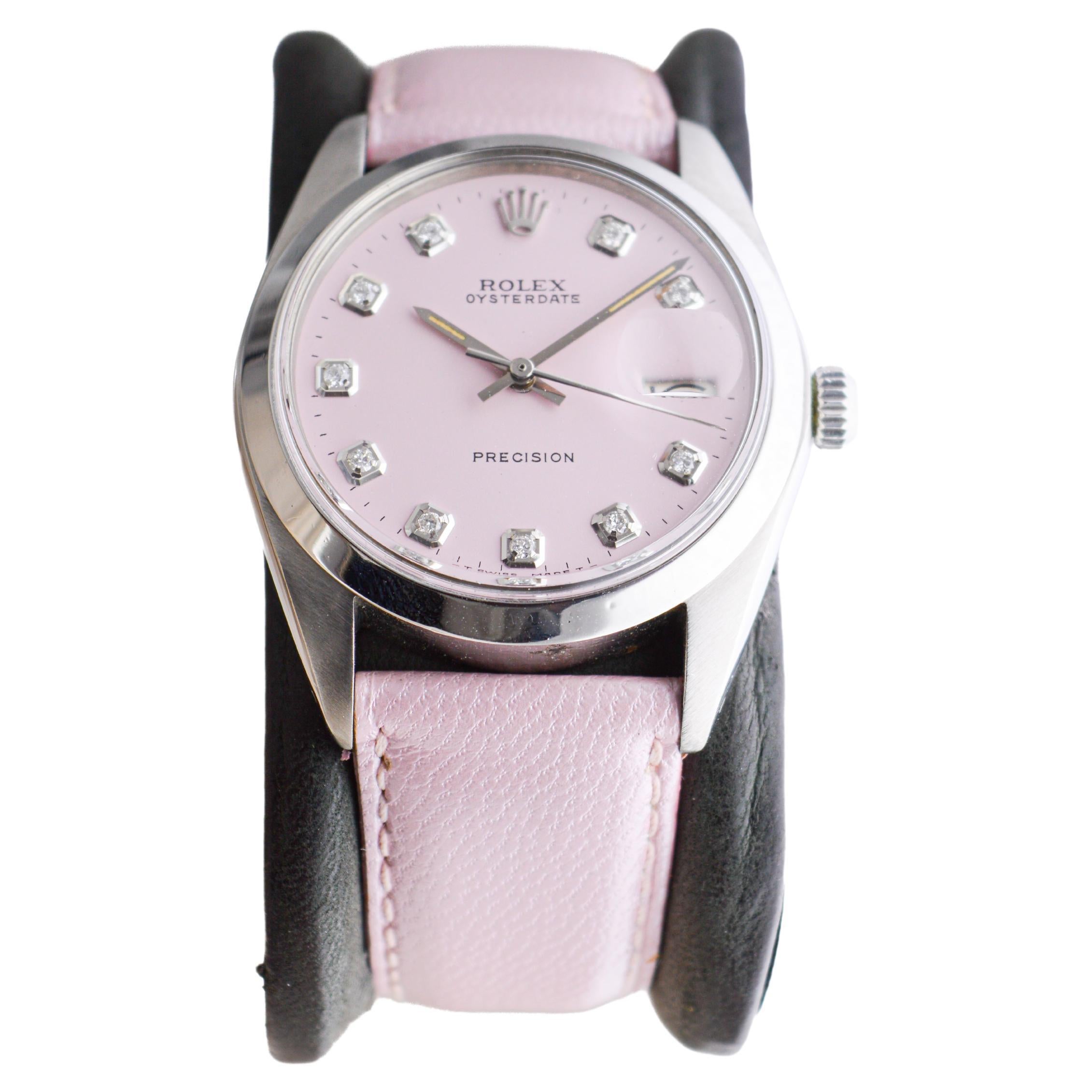 Rolex Stainless Steel Oysterdate with Custom Pink Dial 1970's In Excellent Condition For Sale In Long Beach, CA