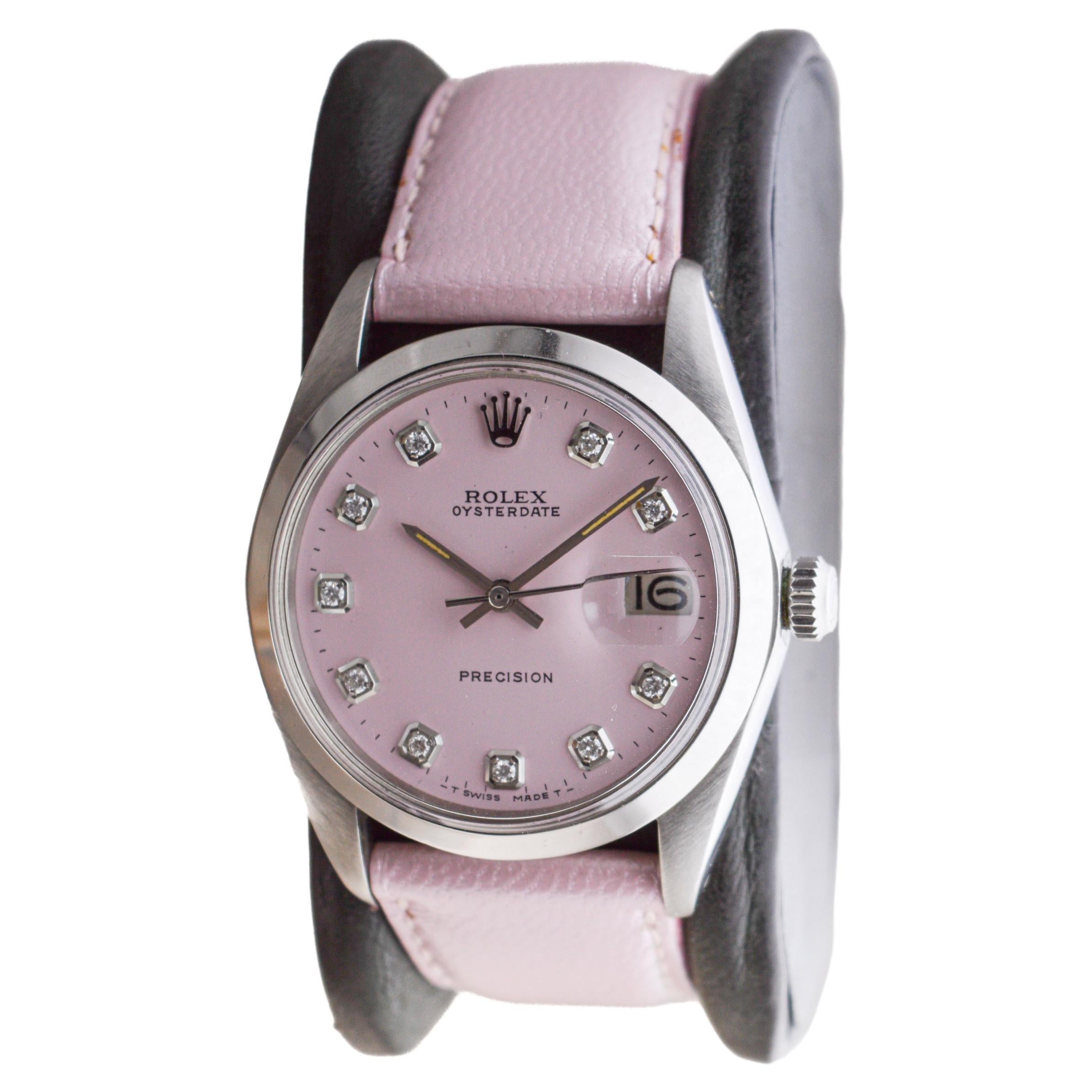 Women's or Men's Rolex Stainless Steel Oysterdate with Custom Pink Dial 1970's For Sale