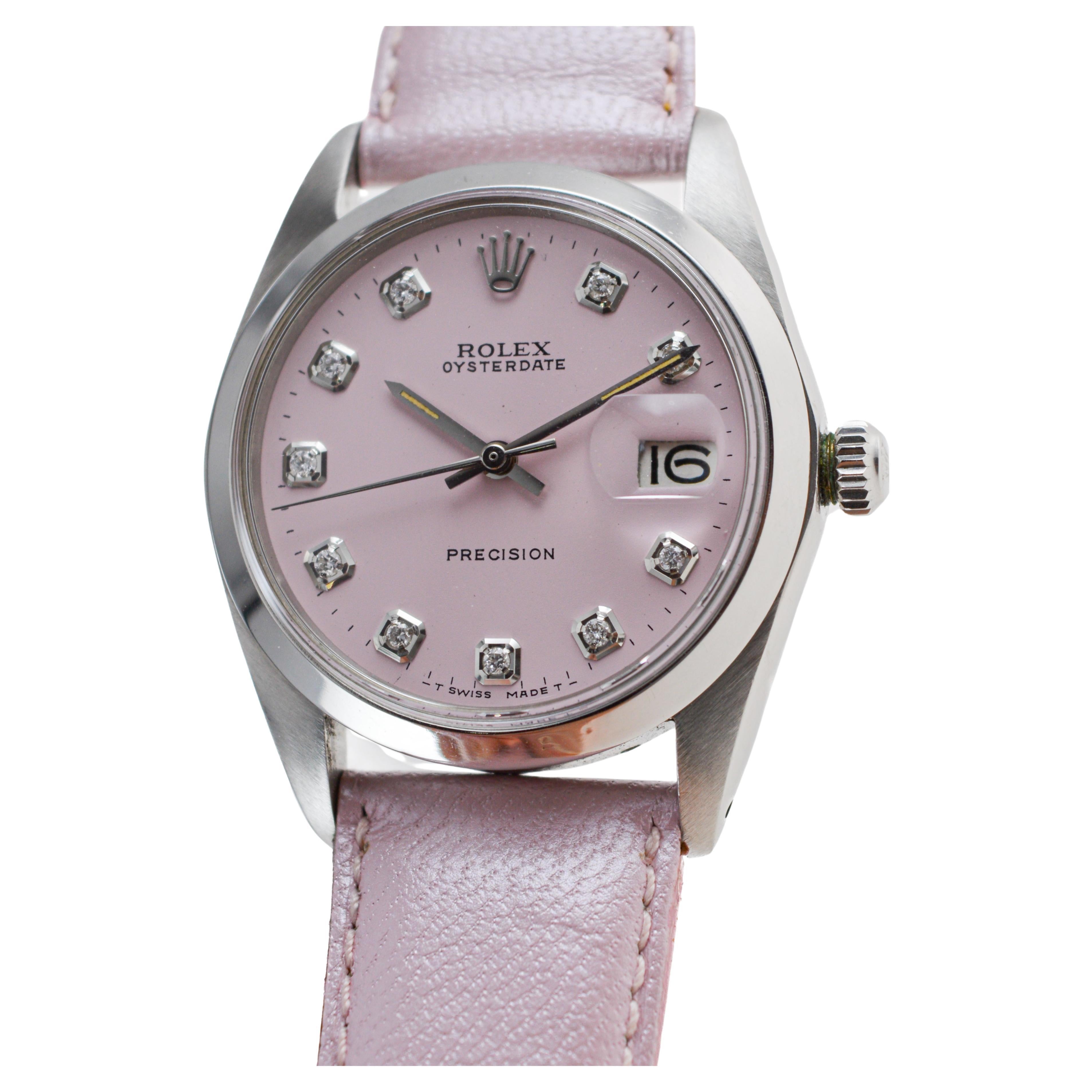 Rolex Stainless Steel Oysterdate with Custom Pink Dial 1970's For Sale 1