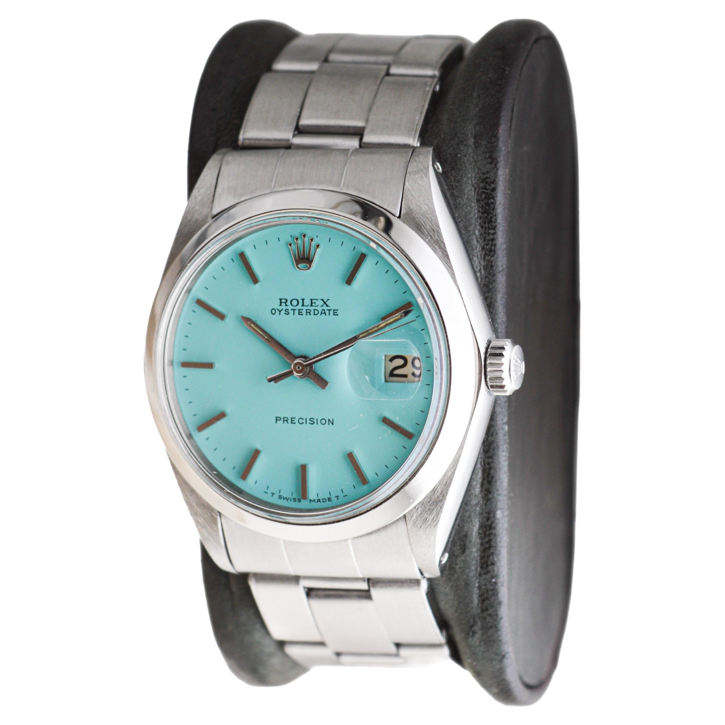 Rolex Stainless Steel Oysterdate with Custom Blue Dial circa, 1970's In Excellent Condition In Long Beach, CA