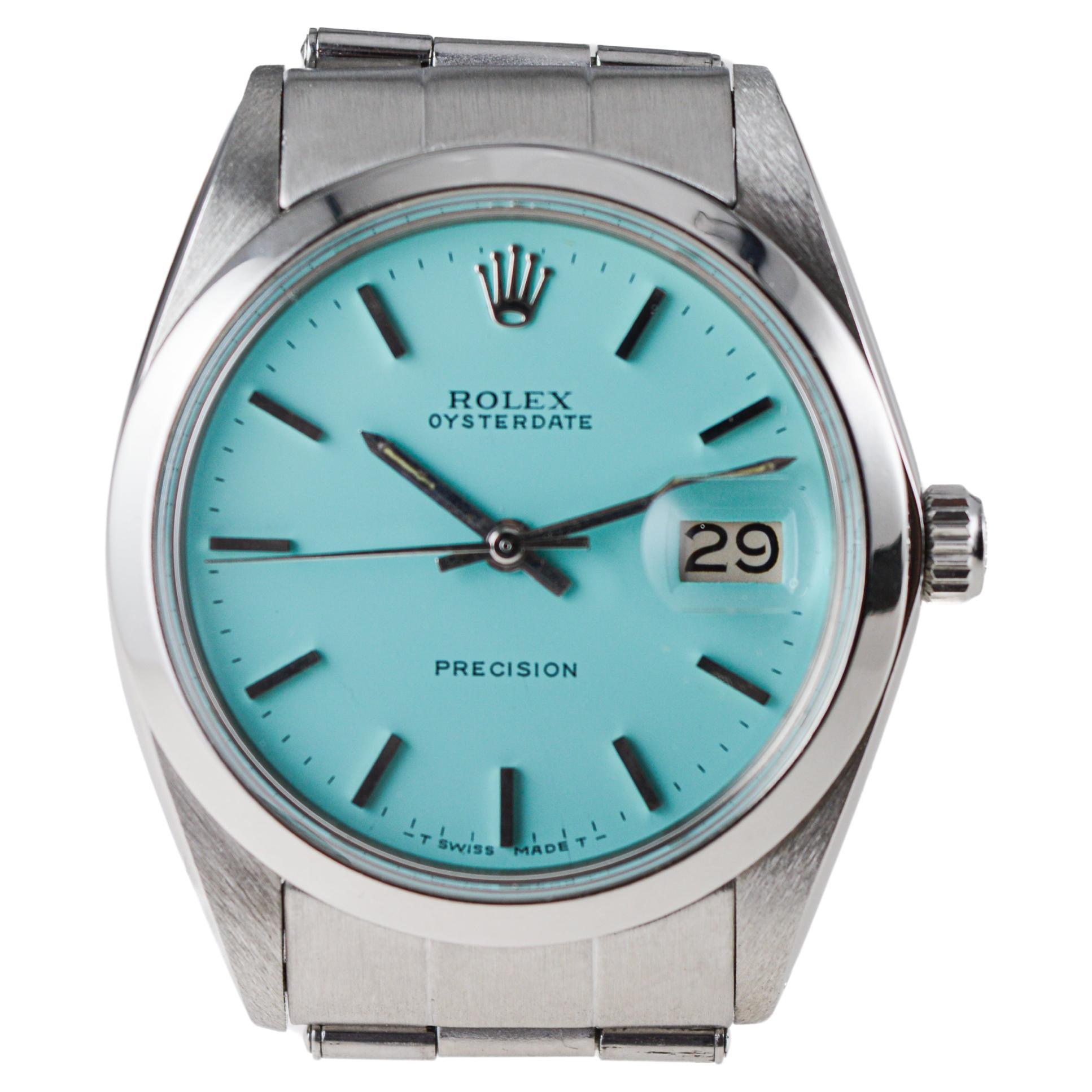 Rolex Stainless Steel Oysterdate with Custom Tiffany Blue Dial circa, 1960's In Excellent Condition For Sale In Long Beach, CA