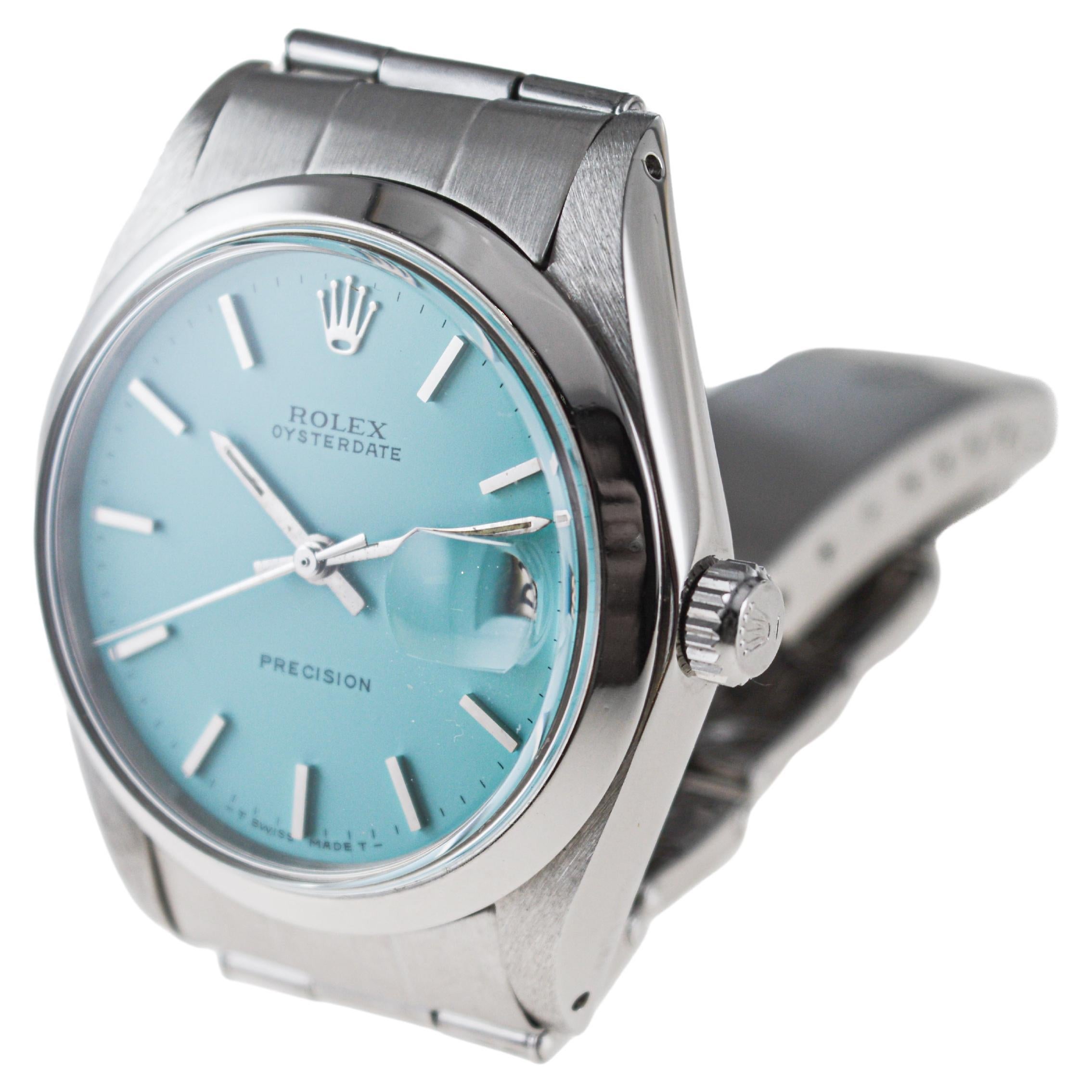 Women's or Men's Rolex Stainless Steel Oysterdate with Custom Tiffany Blue Dial circa, 1960's For Sale