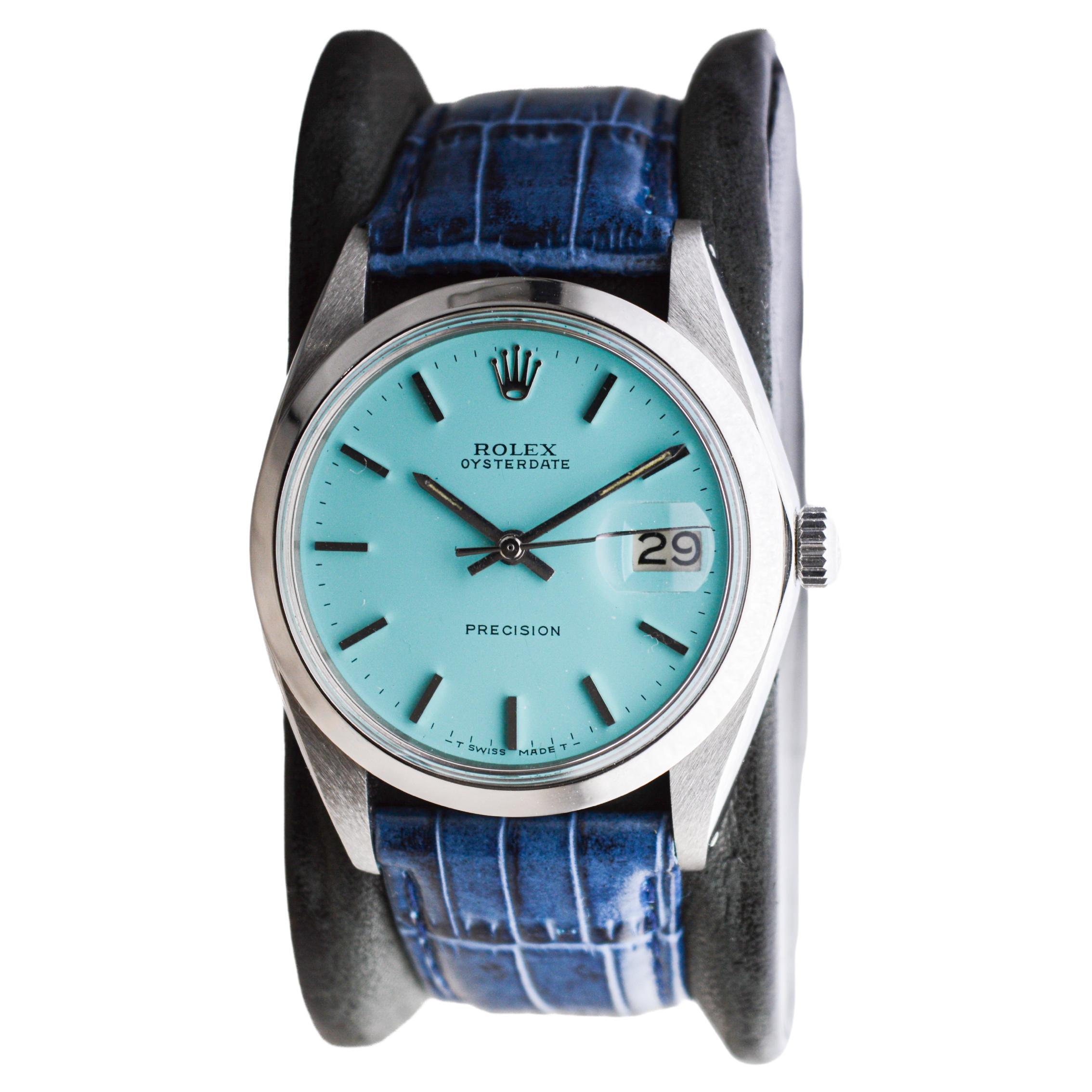 Modern Rolex Stainless Steel Oysterdate with Custom Tiffany Blue Dial circa, 1960's For Sale