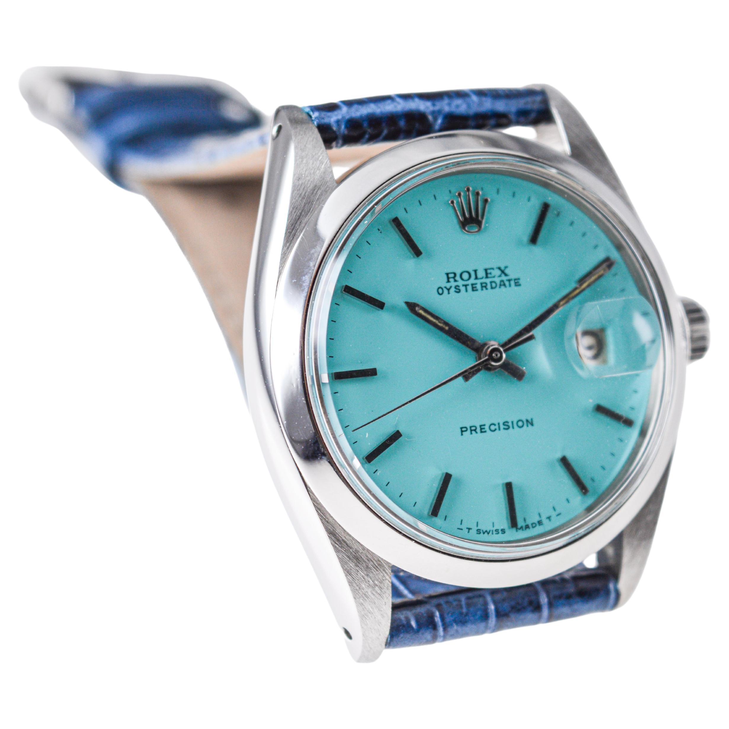 Rolex Stainless Steel Oysterdate with Custom T. Blue Dial circa, 1960's In Excellent Condition For Sale In Long Beach, CA