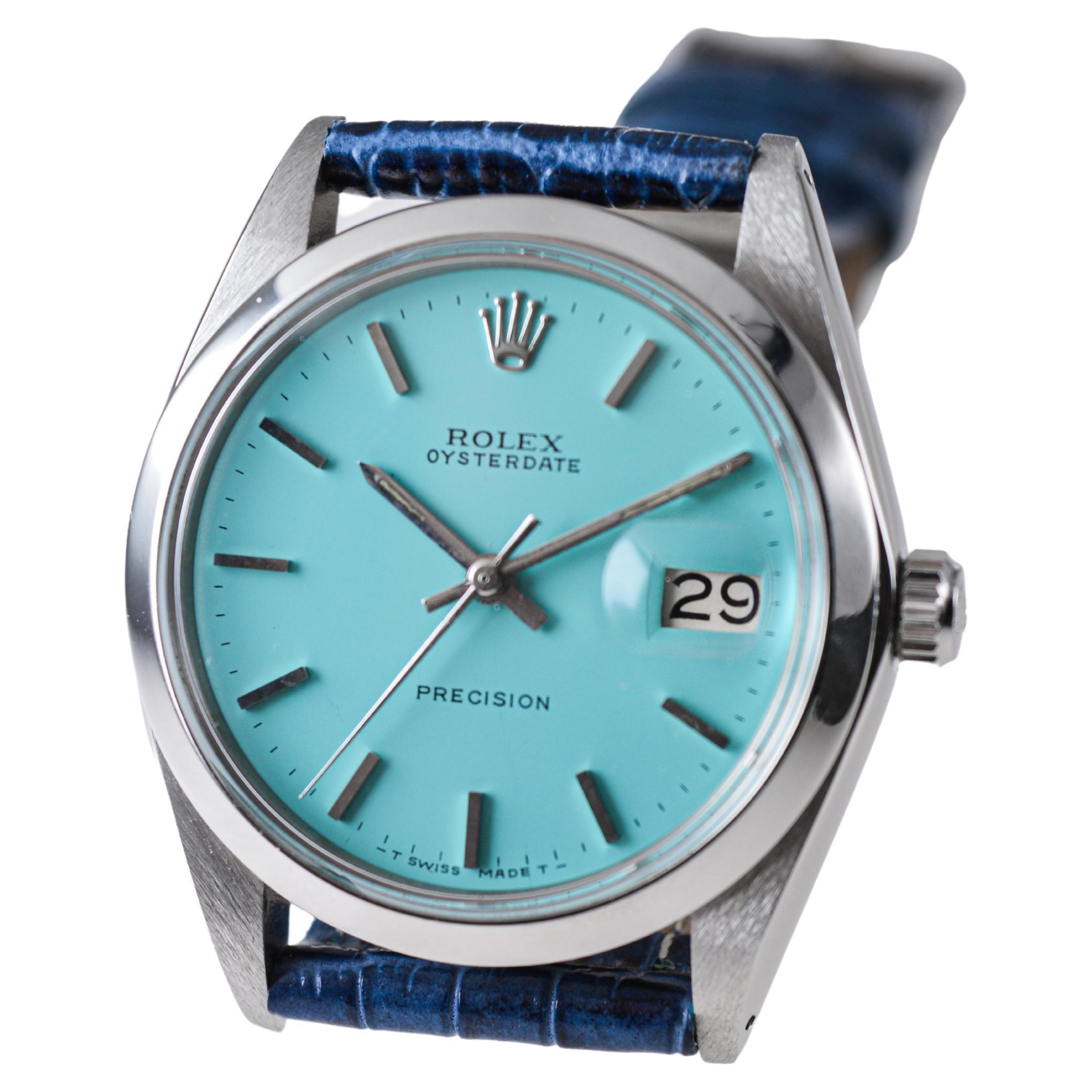 Women's or Men's Rolex Stainless Steel Oysterdate with Custom T. Blue Dial circa, 1960's For Sale